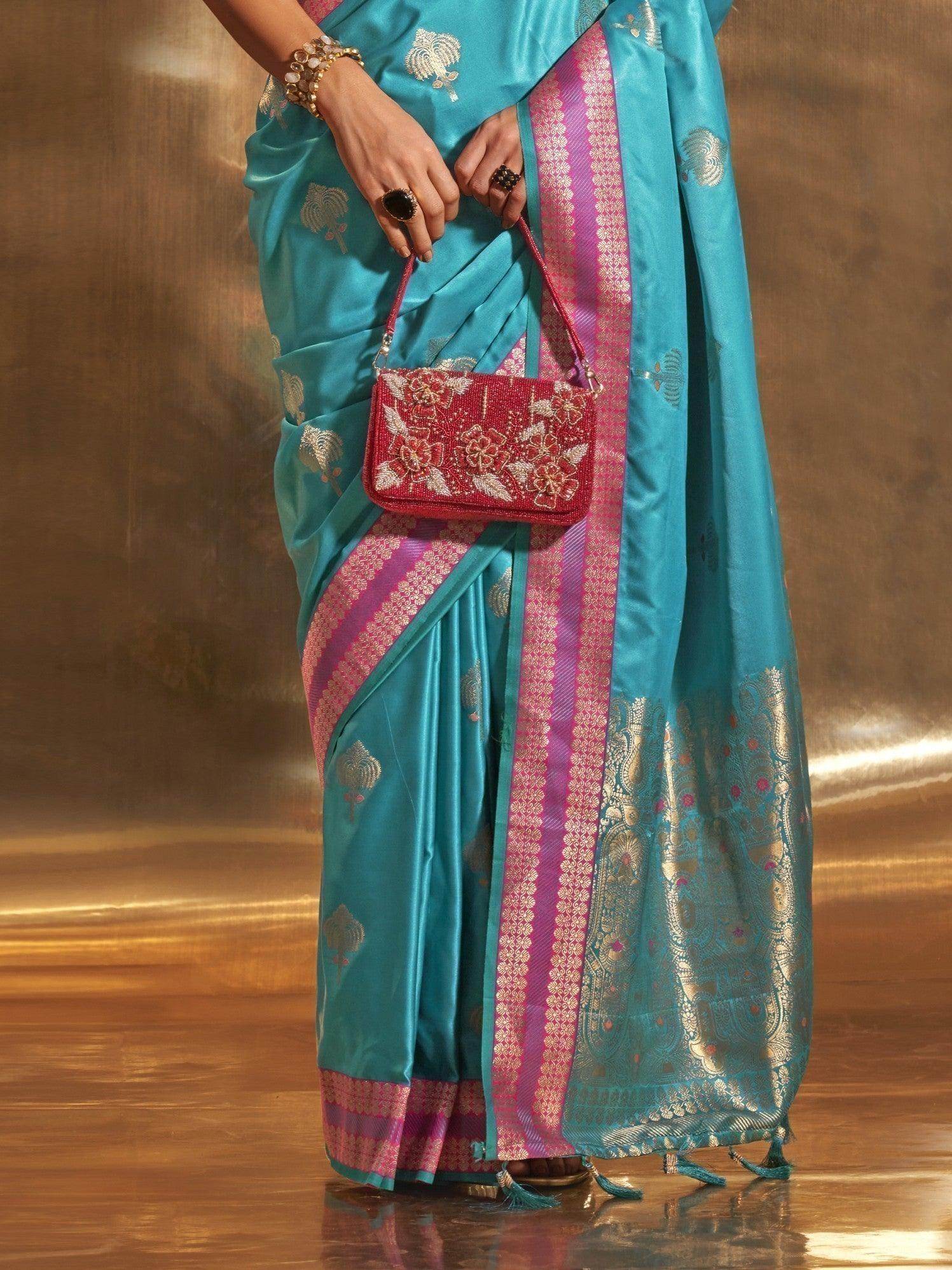 Attractive Sky-Blue Handloom Weaving Satin Saree With Blouse - Zeel Clothing