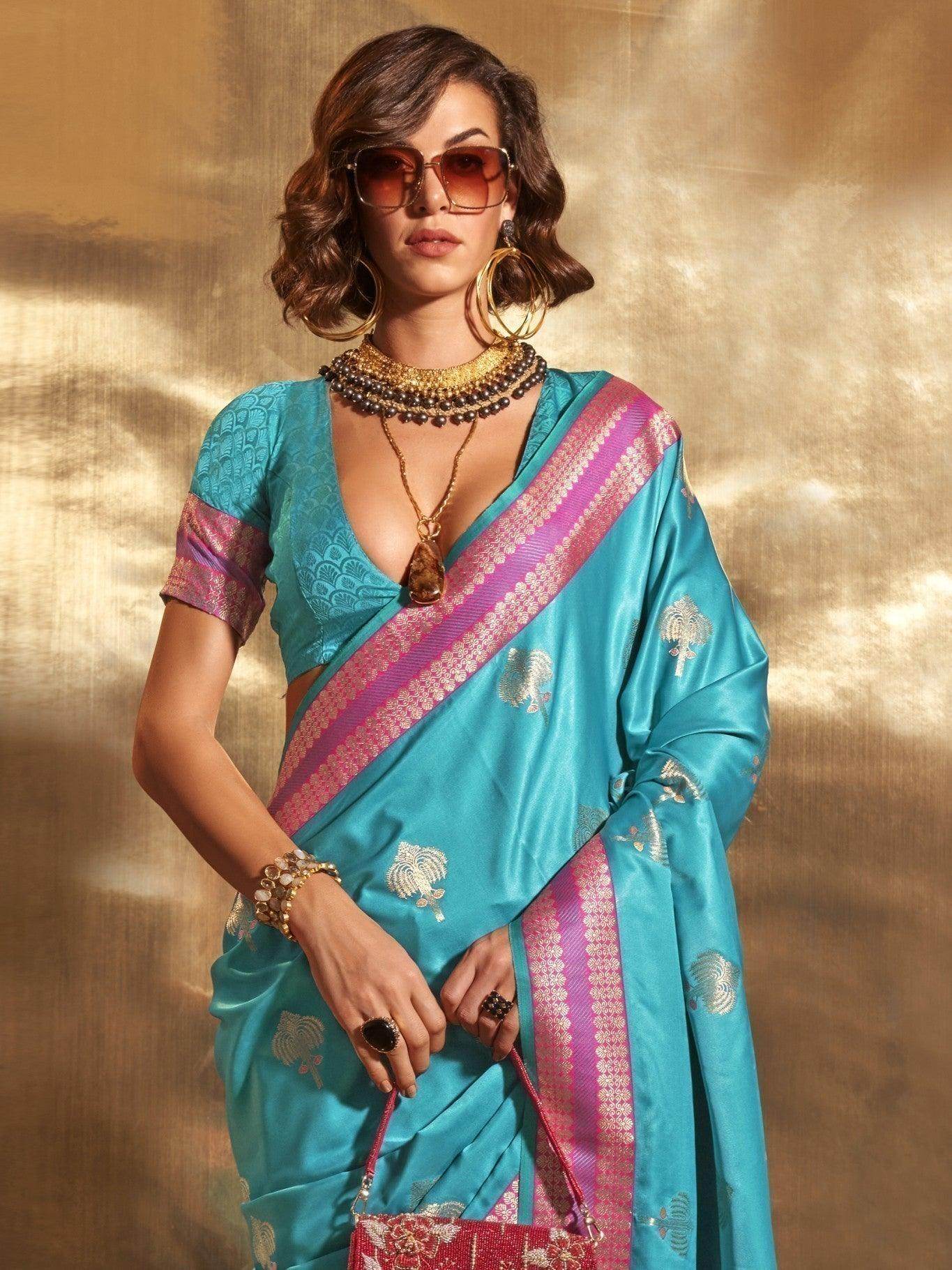 Attractive Sky-Blue Handloom Weaving Satin Saree With Blouse - Zeel Clothing