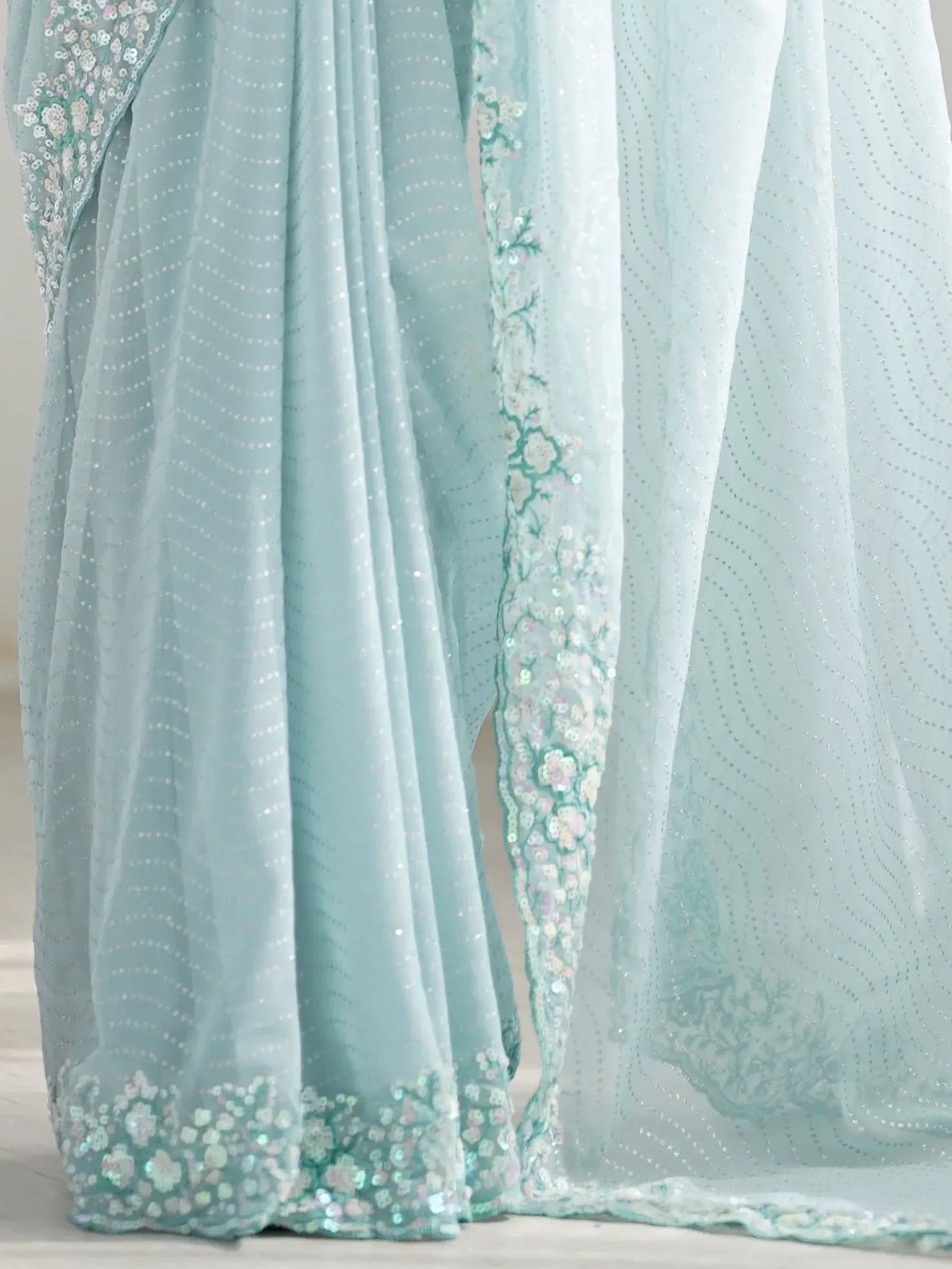 Attractive Sky Blue Sequins Georgette Reception Wear Saree With Blouse - Zeel Clothing