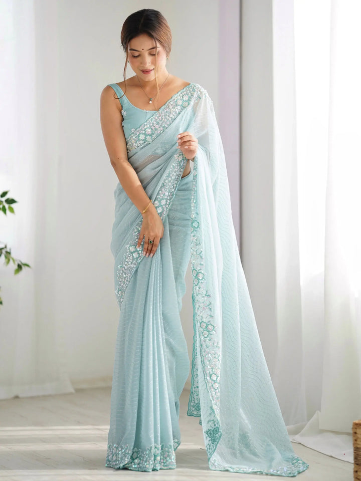 Attractive Sky Blue Sequins Georgette Reception Wear Saree With Blouse - Zeel Clothing