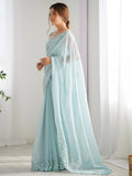 Attractive Sky Blue Sequins Georgette Reception Wear Saree With Blouse - Zeel Clothing