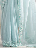 Attractive Sky Blue Sequins Georgette Reception Wear Saree With Blouse - Zeel Clothing