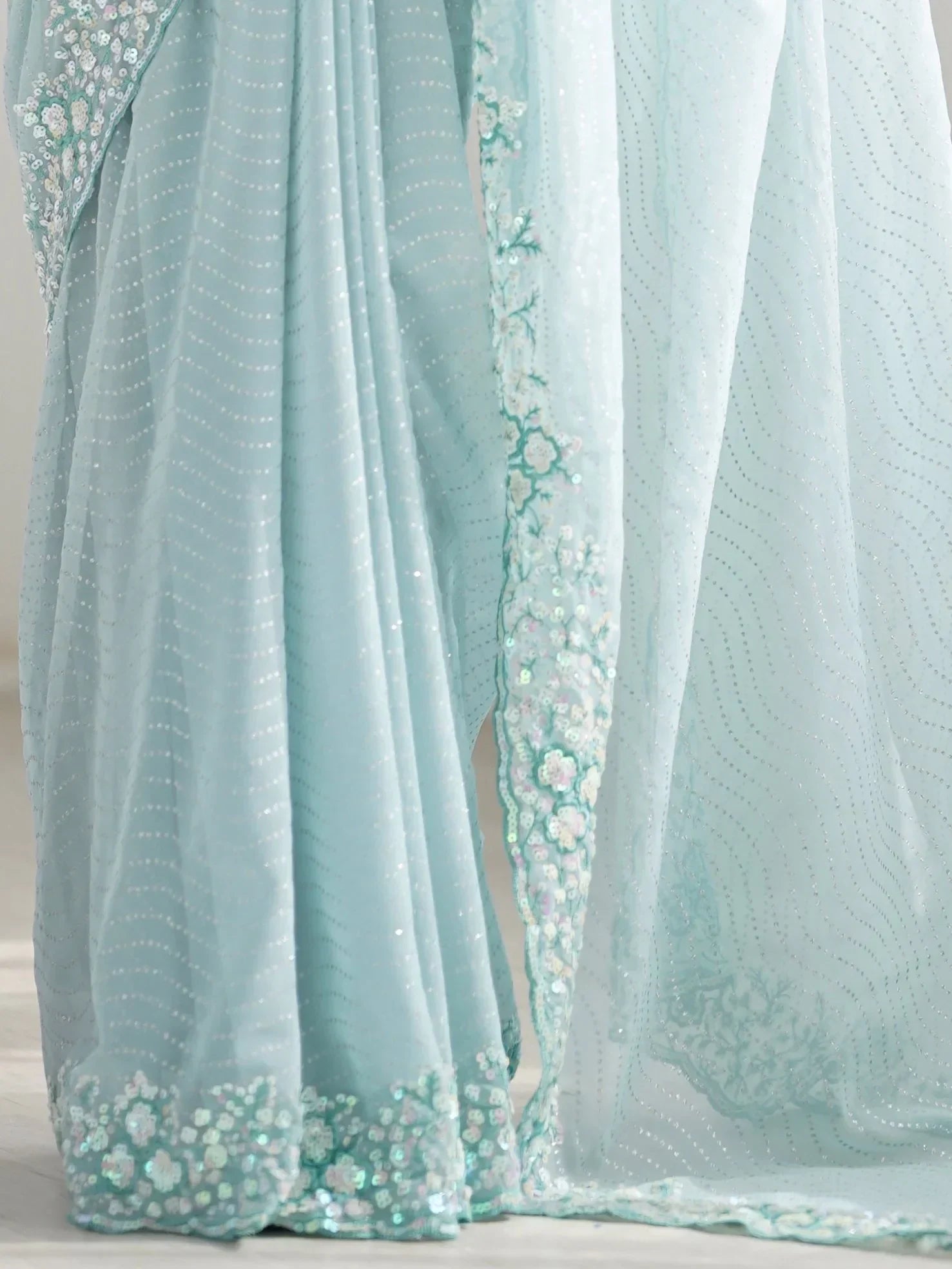 Attractive Sky Blue Sequins Georgette Reception Wear Saree With Blouse - Zeel Clothing