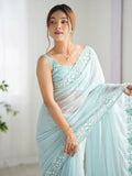 Attractive Sky Blue Sequins Georgette Reception Wear Saree With Blouse - Zeel Clothing