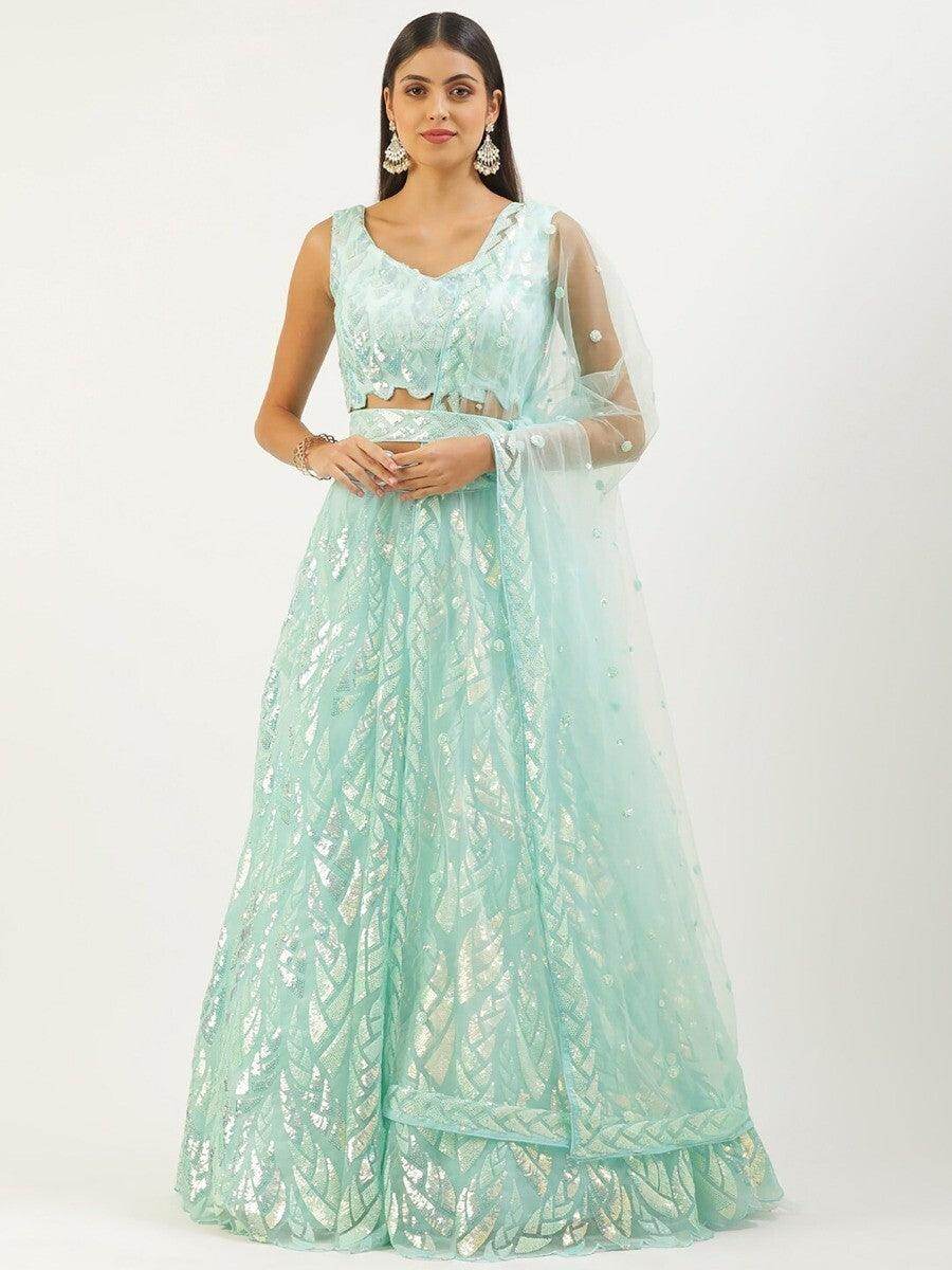 Attractive Sky Blue Sequins Net Designer Lehenga Choli With Dupatta - Zeel Clothing