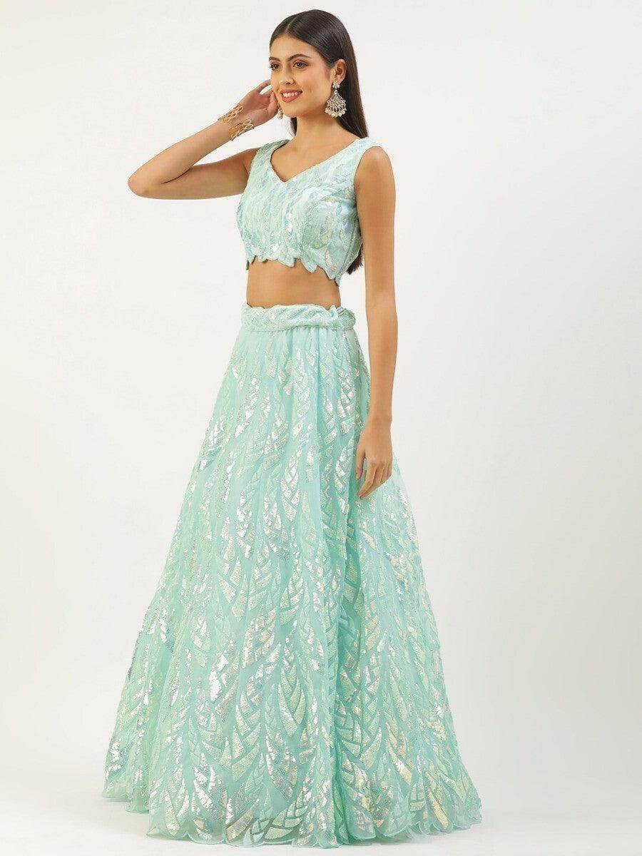Attractive Sky Blue Sequins Net Designer Lehenga Choli With Dupatta - Zeel Clothing