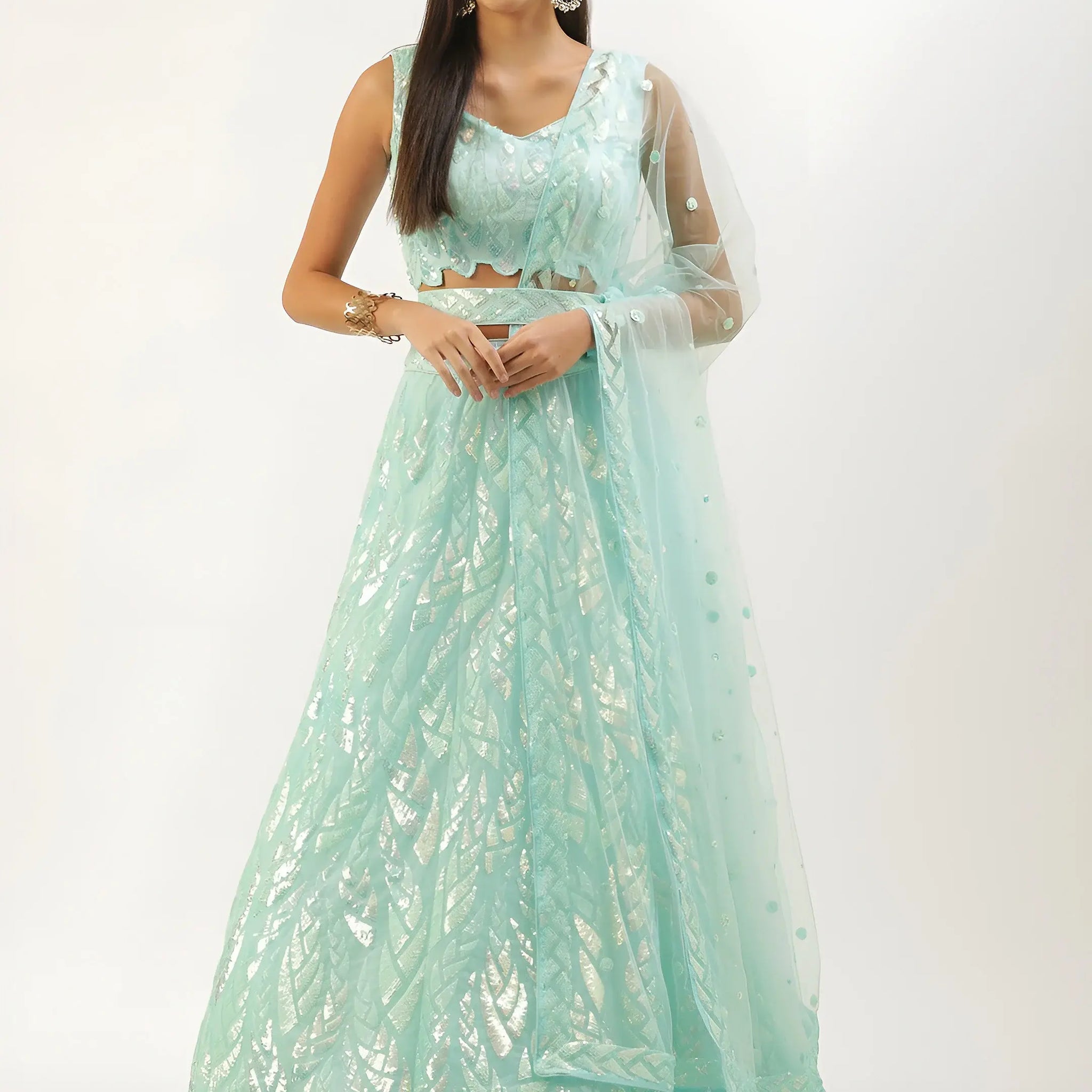 Attractive Sky Blue Sequins Net Designer Lehenga Choli With Dupatta - Zeel Clothing