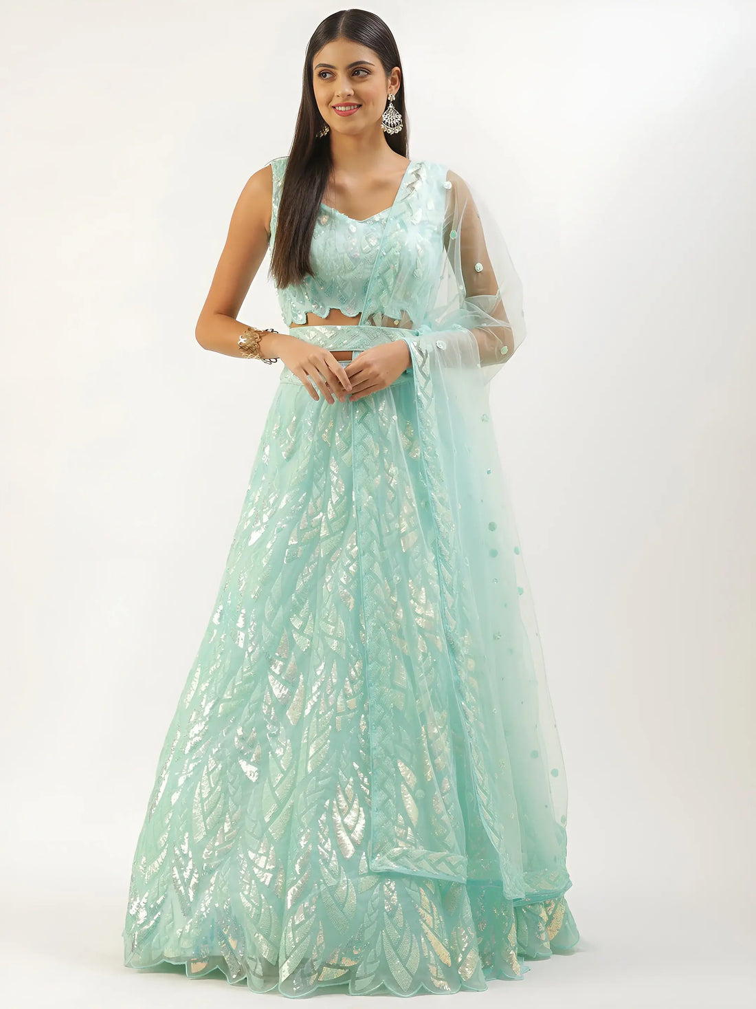 Attractive Sky Blue Sequins Net Designer Lehenga Choli With Dupatta - Zeel Clothing
