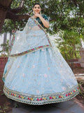 Attractive Sky Blue Thread Embroidery Organza Lehenga With Green Choli - Zeel Clothing