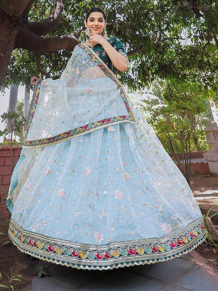 Attractive Sky Blue Thread Embroidery Organza Lehenga With Green Choli - Zeel Clothing