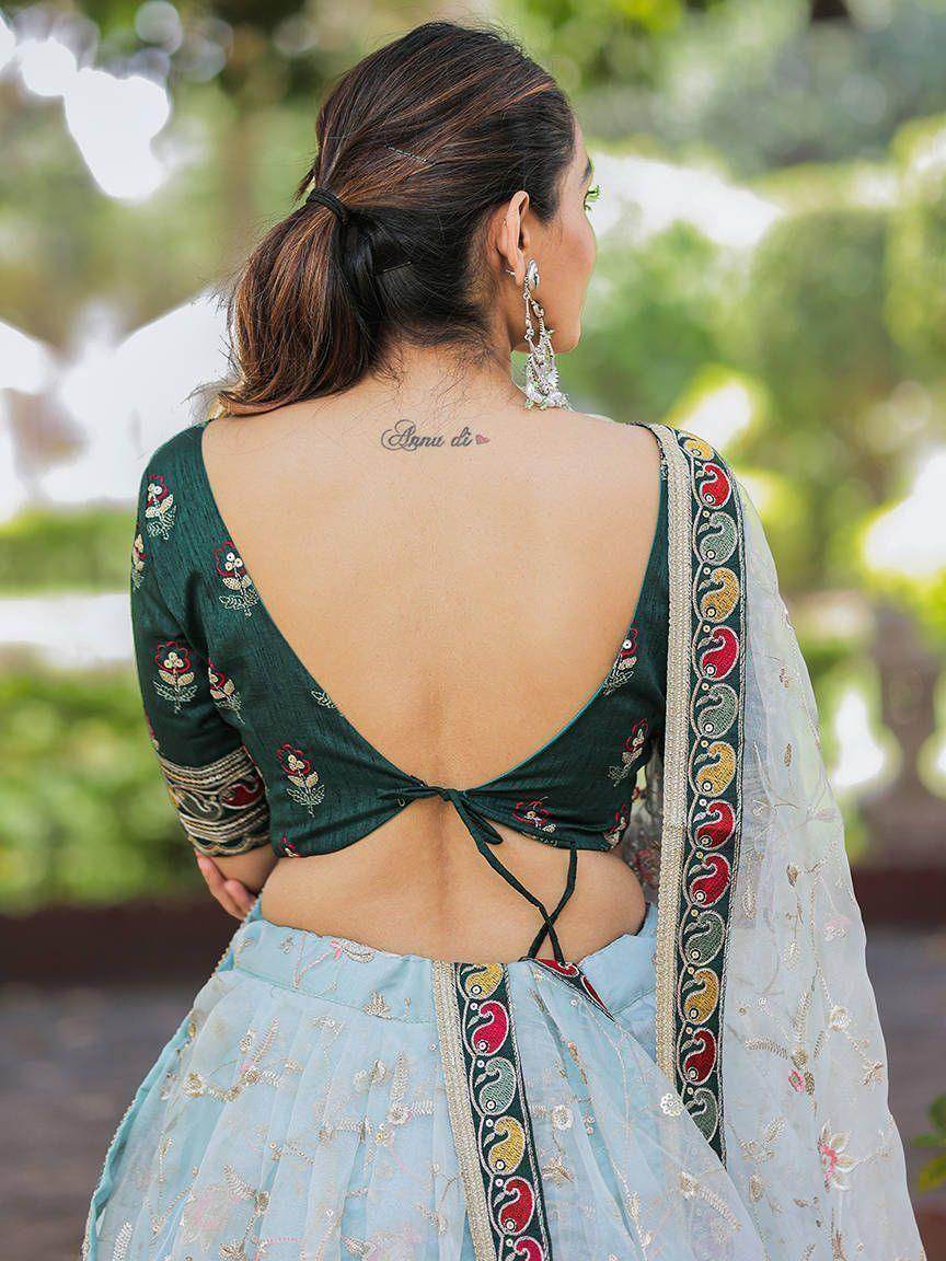 Attractive Sky Blue Thread Embroidery Organza Lehenga With Green Choli - Zeel Clothing