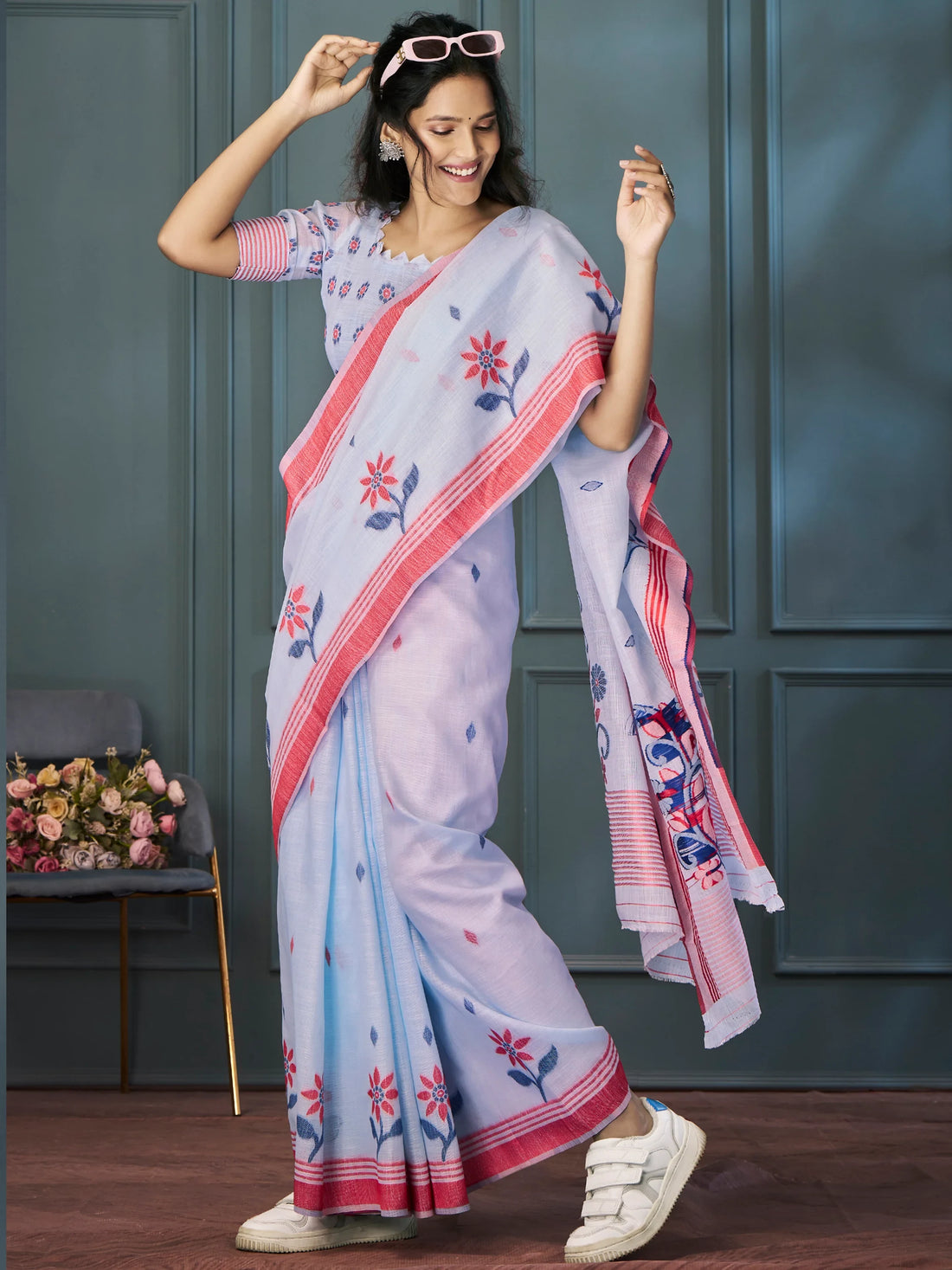 Attractive Sky Blue Weaving Linen Casual Wear Saree With Blouse - Zeel Clothing