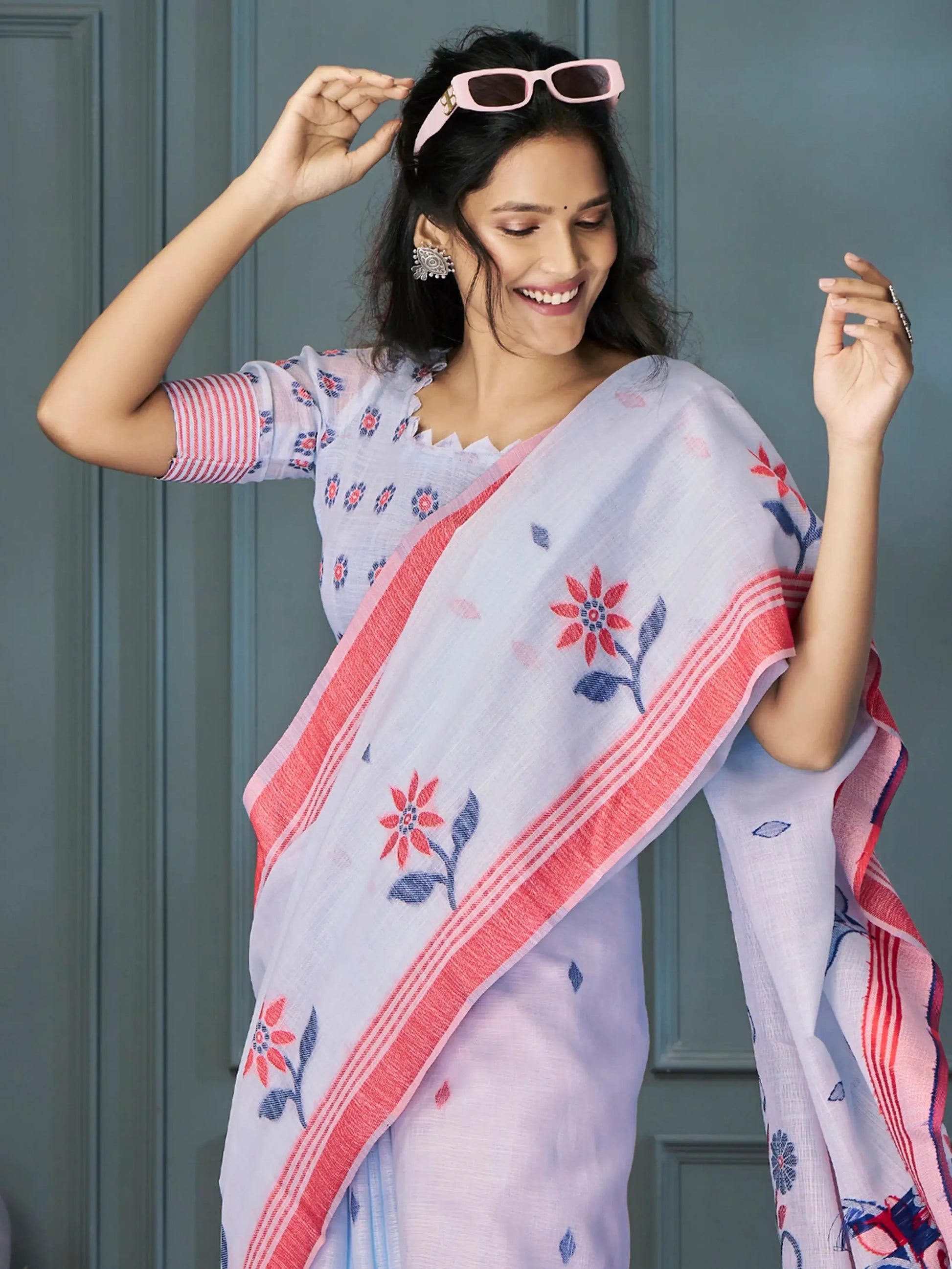 Attractive Sky Blue Weaving Linen Casual Wear Saree With Blouse - Zeel Clothing