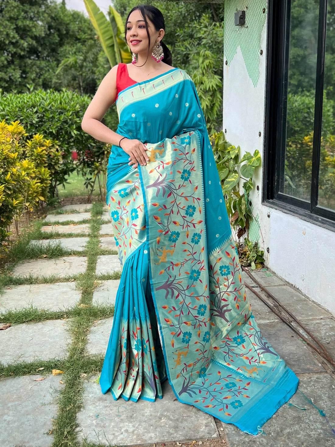 Attractive Sky Blue Woven Paithani Silk Traditional Saree With Blouse - Zeel Clothing