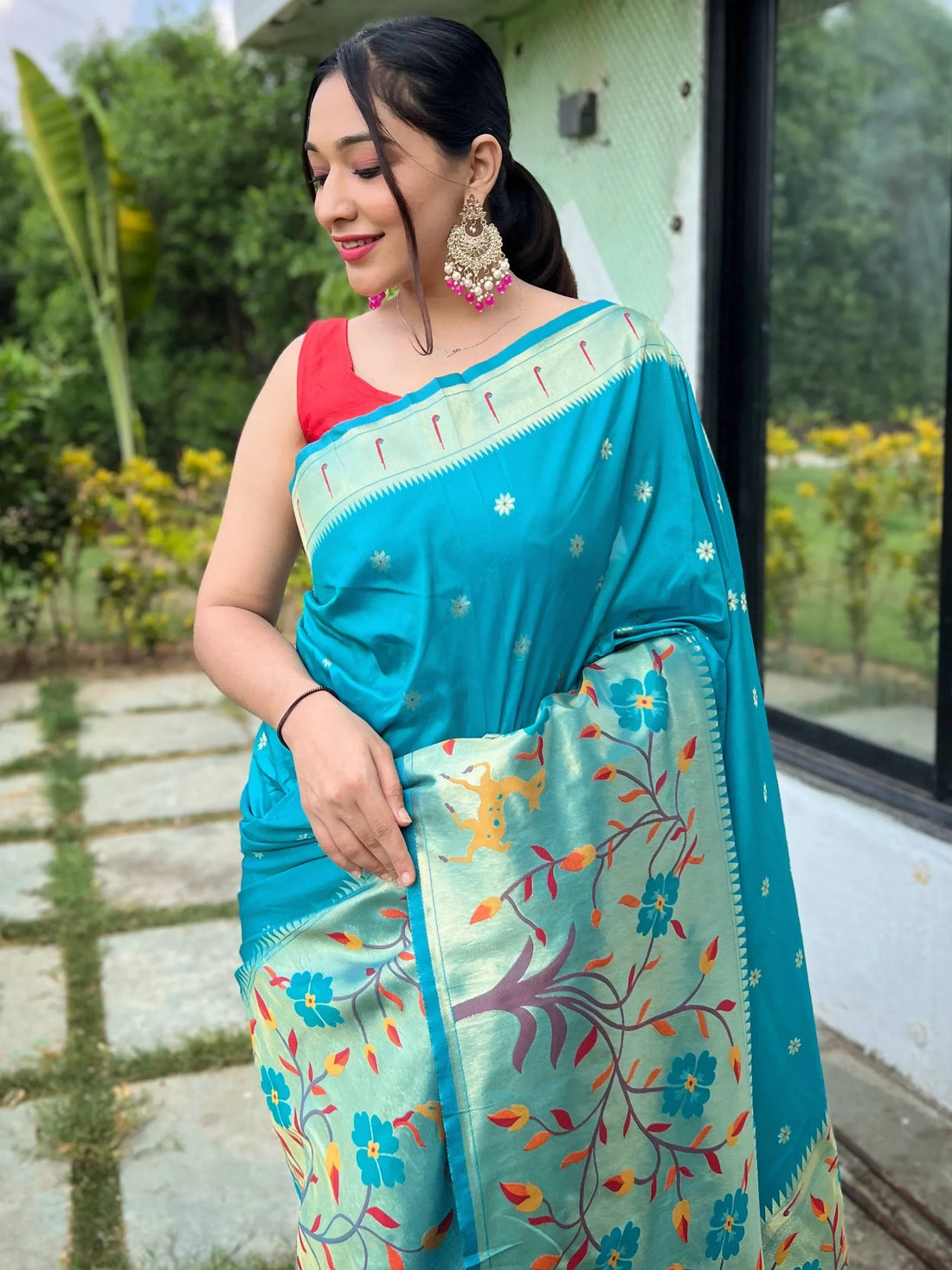 Attractive Sky Blue Woven Paithani Silk Traditional Saree With Blouse - Zeel Clothing