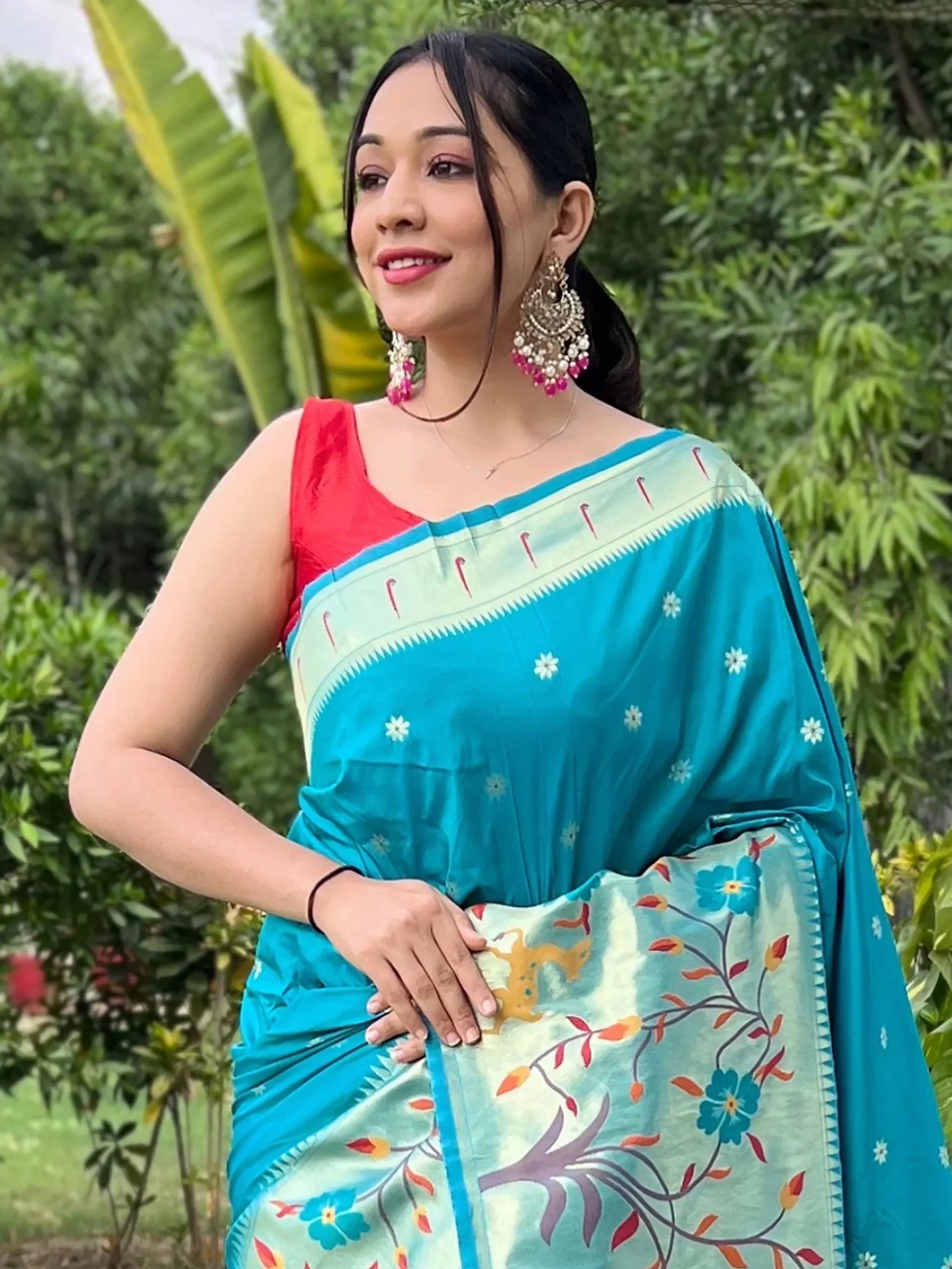 Attractive Sky Blue Woven Paithani Silk Traditional Saree With Blouse - Zeel Clothing