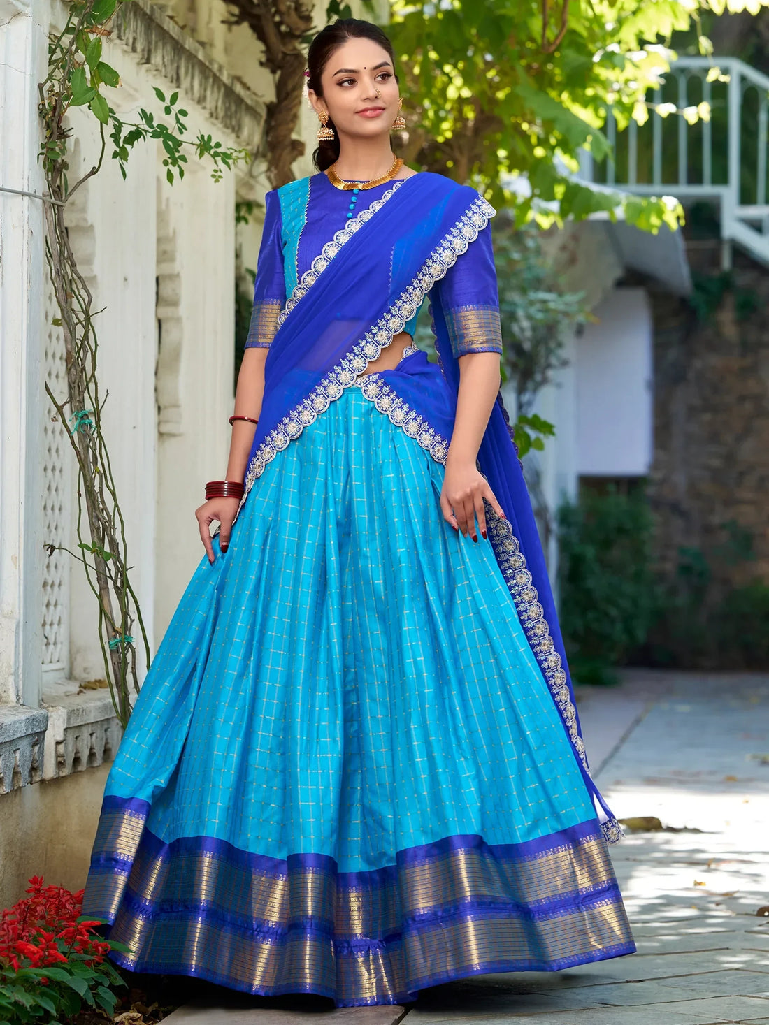 Attractive Sky Blue Zari Weaving Art Silk Onam Special Half Saree Lehenga - Zeel Clothing