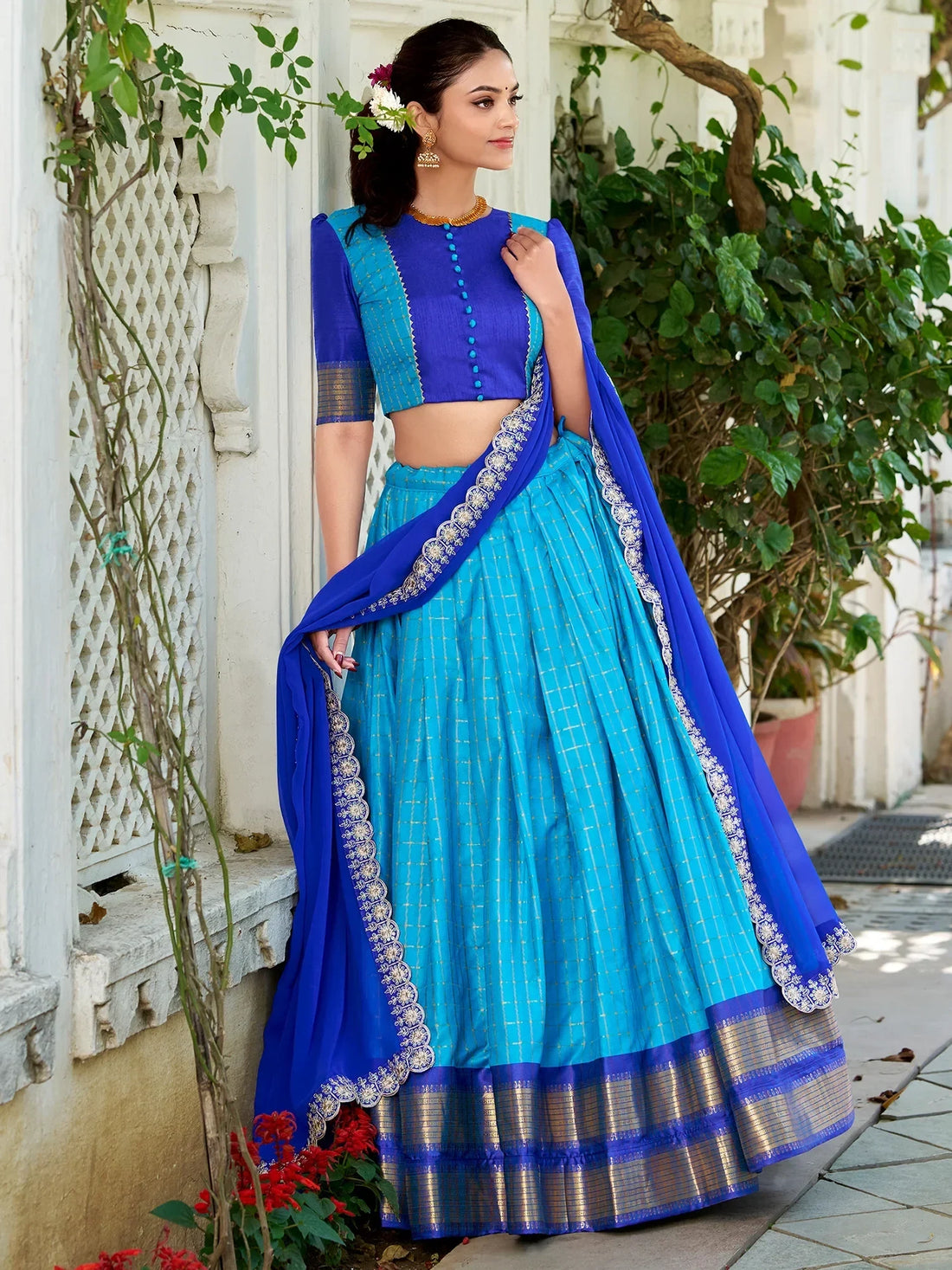 Attractive Sky Blue Zari Weaving Art Silk Onam Special Half Saree Lehenga - Zeel Clothing