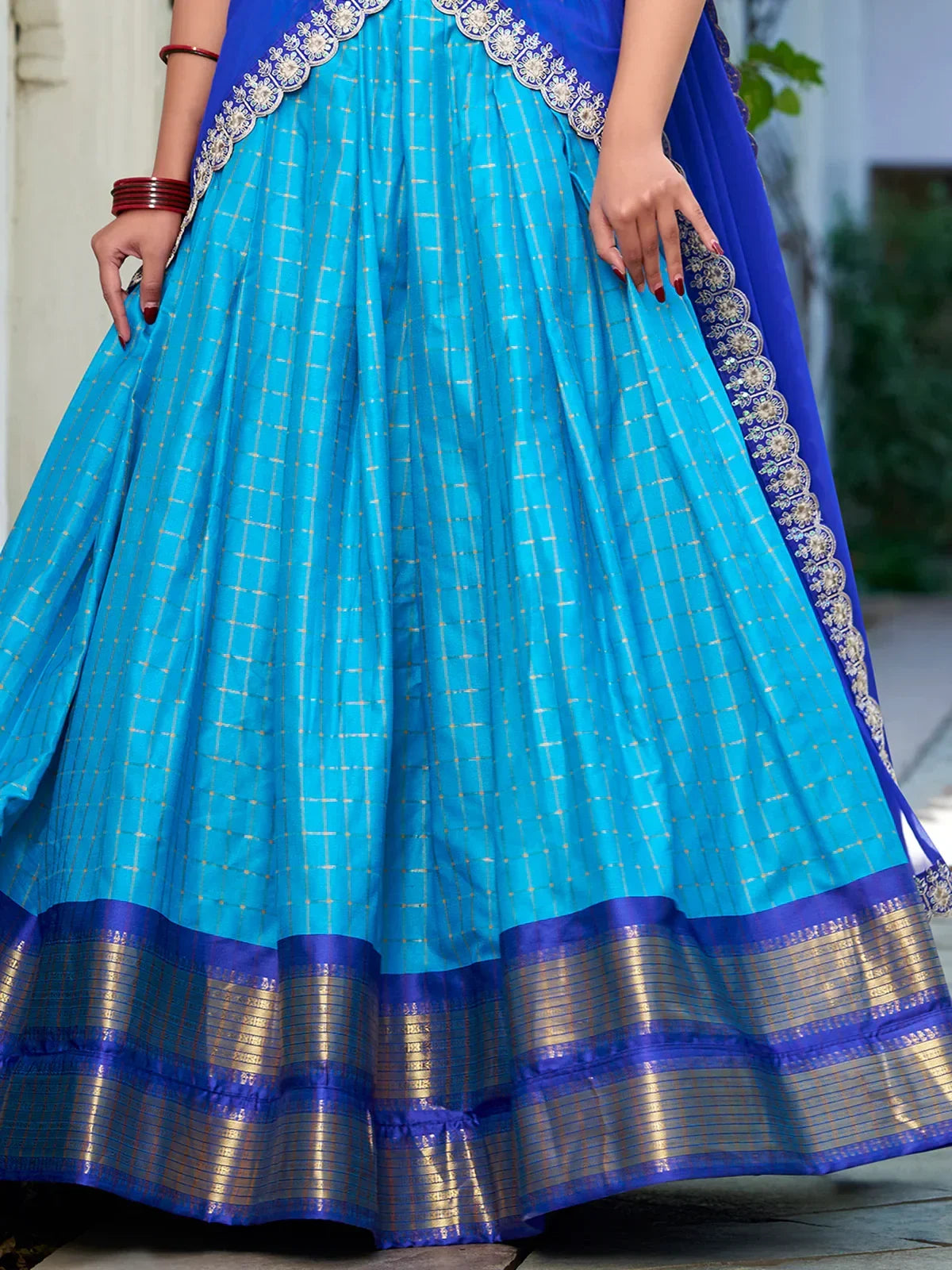 Attractive Sky Blue Zari Weaving Art Silk Onam Special Half Saree Lehenga - Zeel Clothing