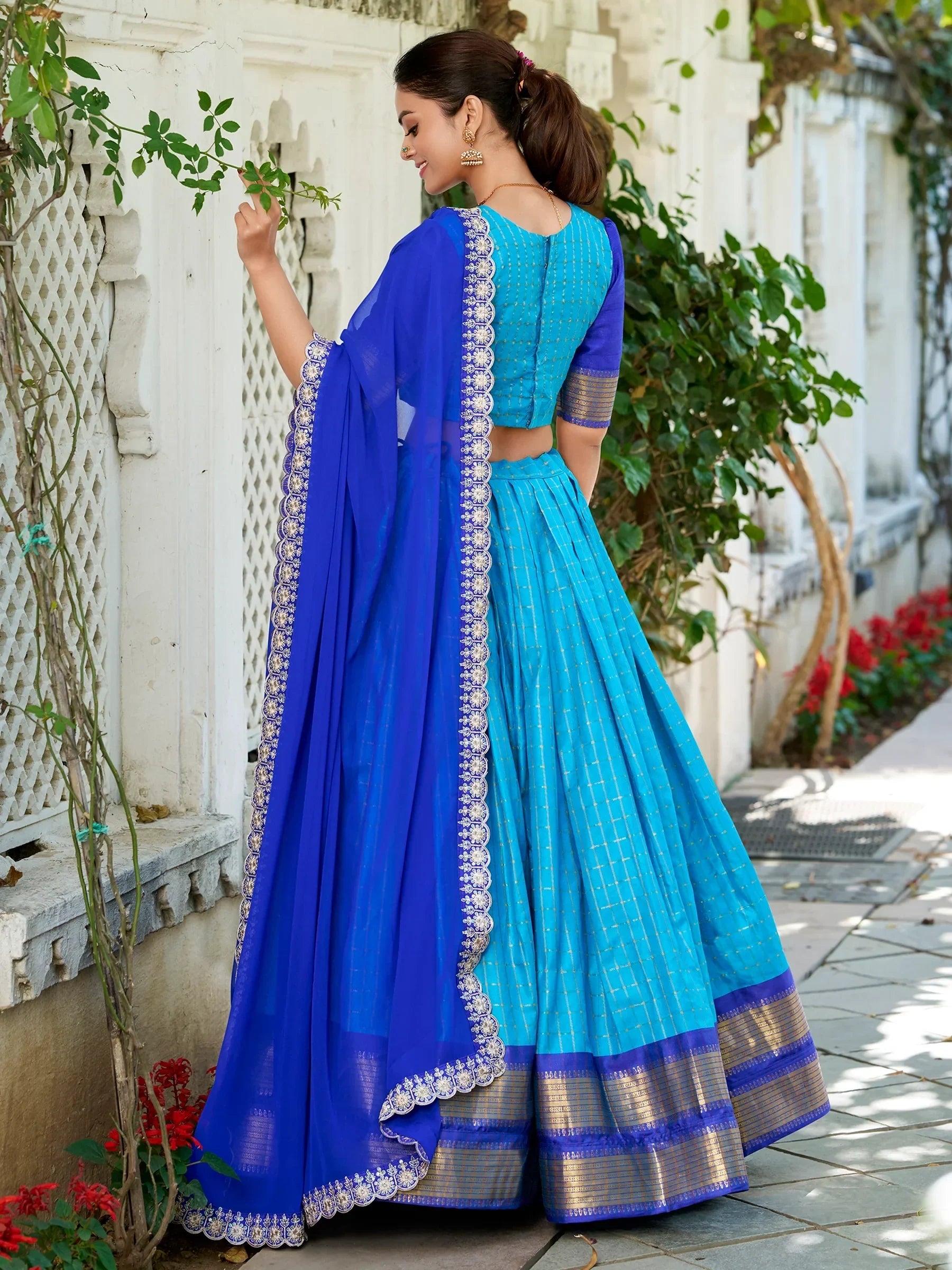 Attractive Sky Blue Zari Weaving Art Silk Onam Special Half Saree Lehenga - Zeel Clothing