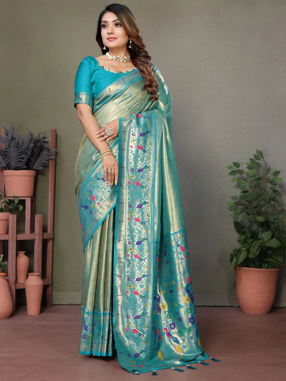 Attractive Sky Blue Zari Weaving Banarasi Silk Paithani Saree With Blouse - Zeel Clothing