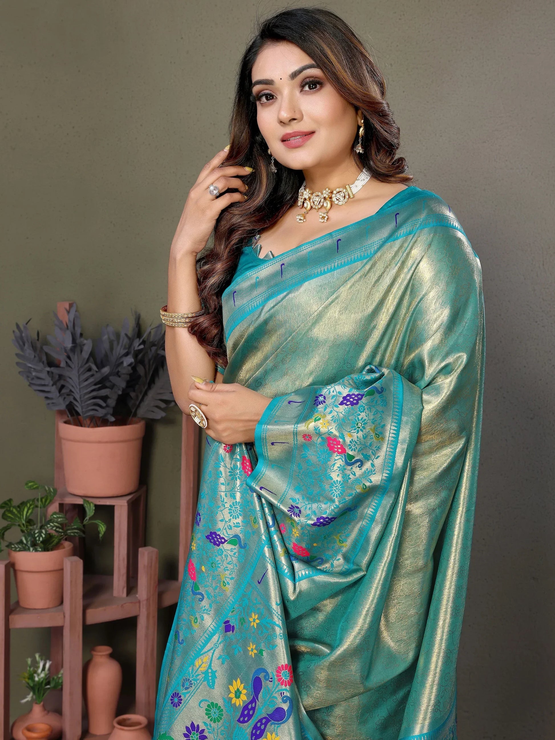 Attractive Sky Blue Zari Weaving Banarasi Silk Paithani Saree With Blouse - Zeel Clothing