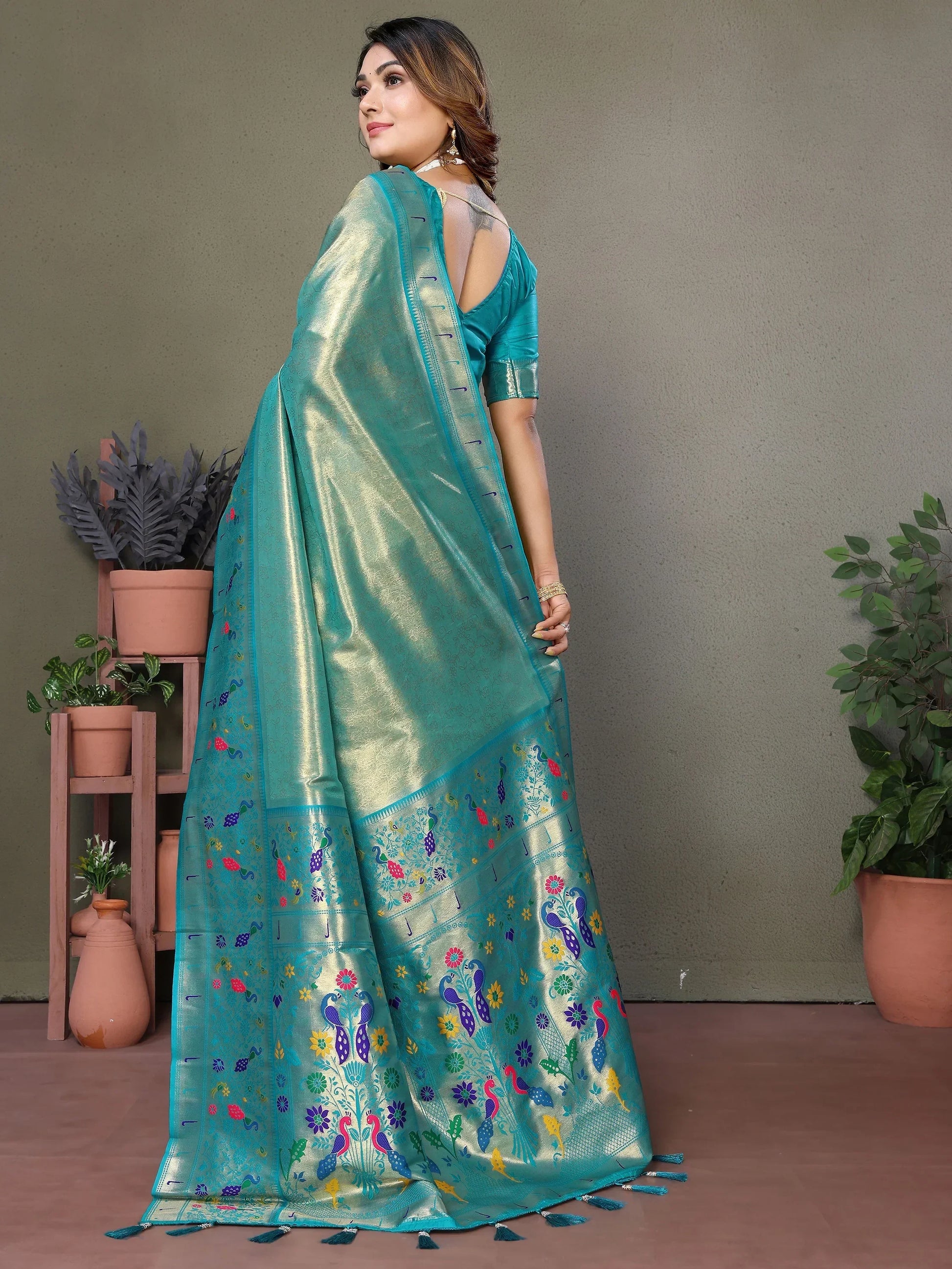 Attractive Sky Blue Zari Weaving Banarasi Silk Paithani Saree With Blouse - Zeel Clothing