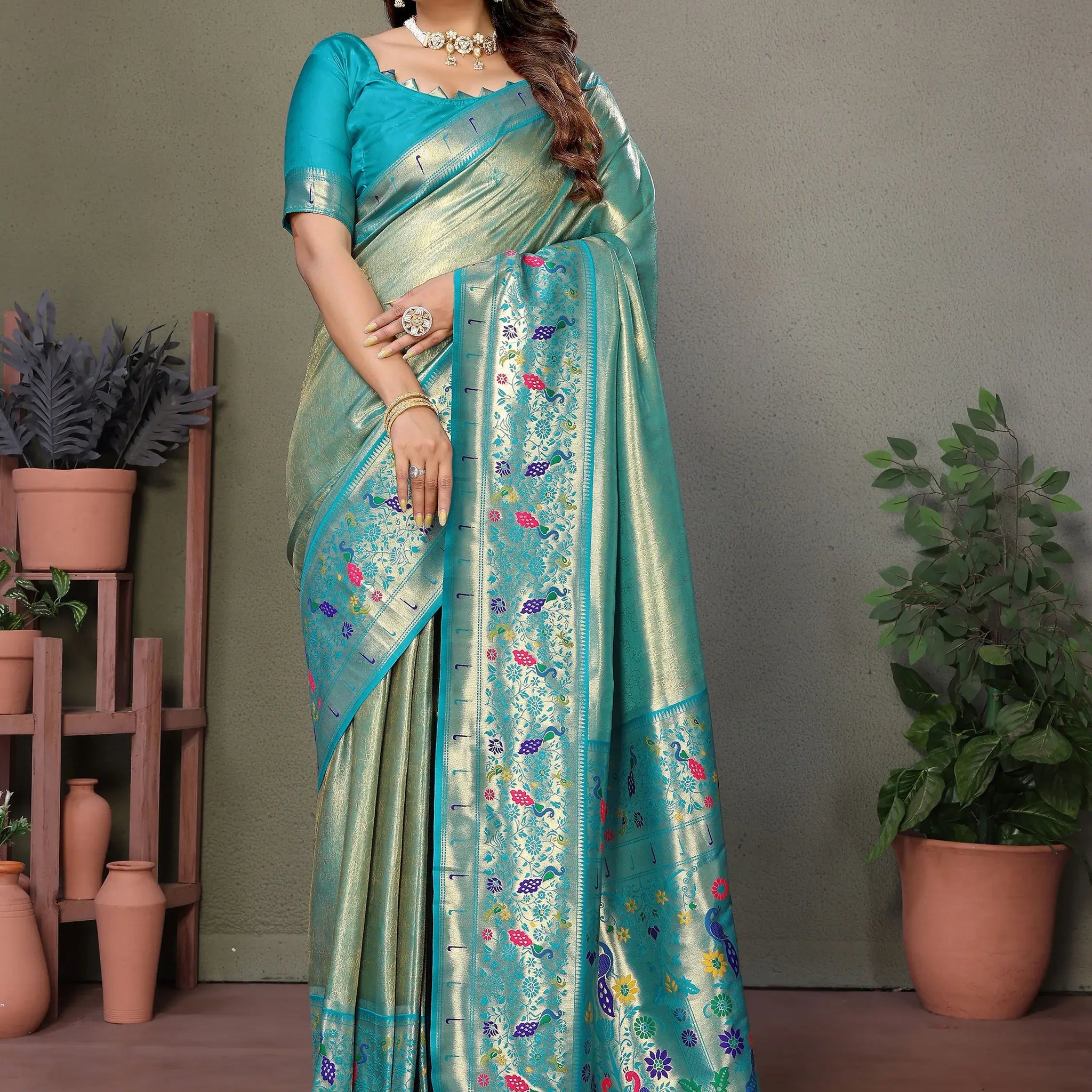 Attractive Sky Blue Zari Weaving Banarasi Silk Paithani Saree With Blouse - Zeel Clothing
