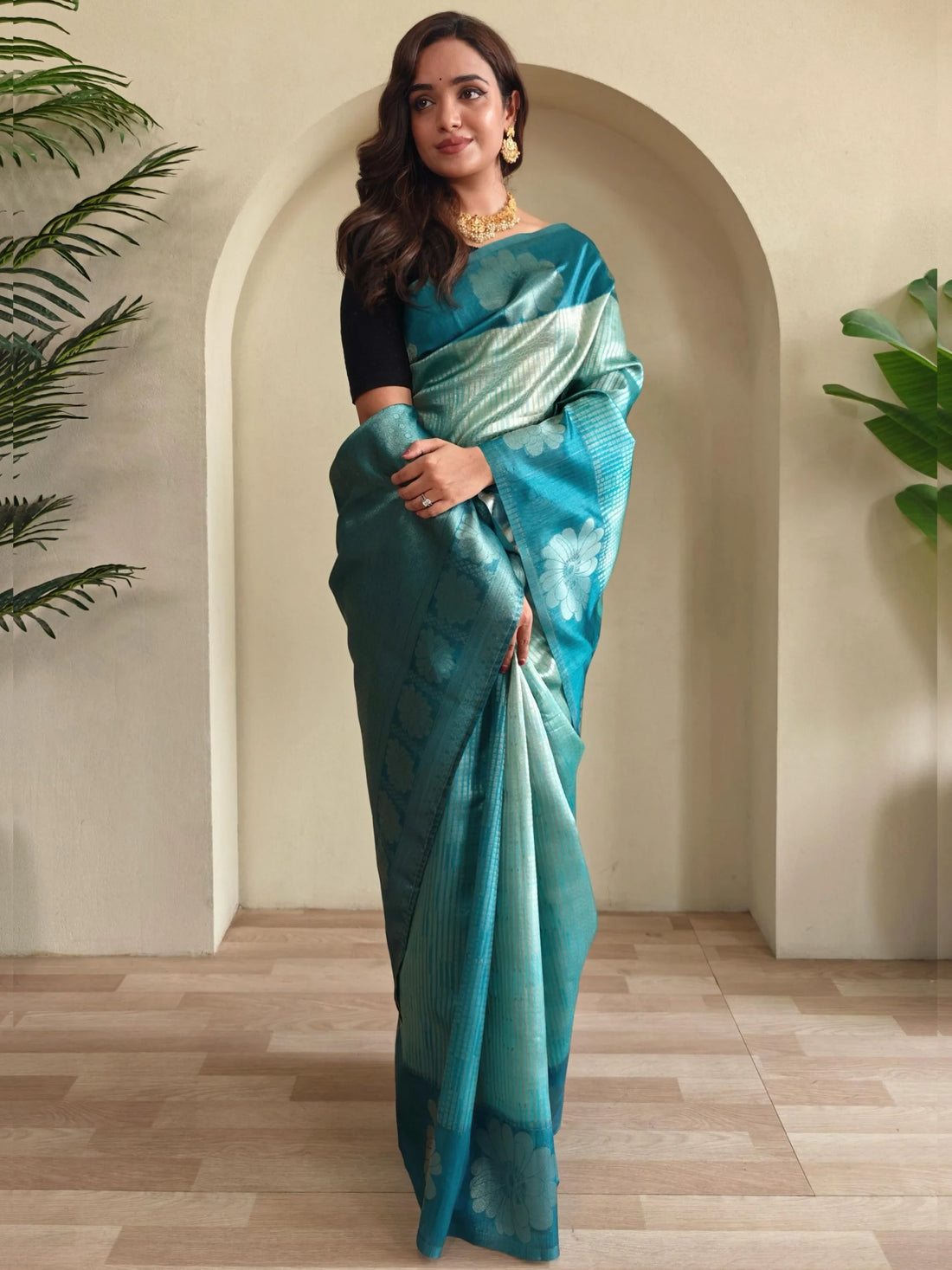 Attractive Sky-Blue Zari Weaving Silk Evening Wear Saree With Blouse - Zeel Clothing