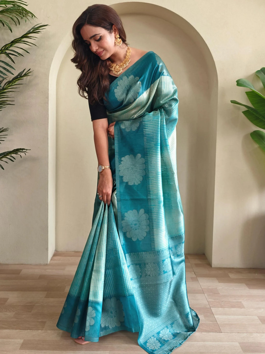 Attractive Sky-Blue Zari Weaving Silk Evening Wear Saree With Blouse - Zeel Clothing