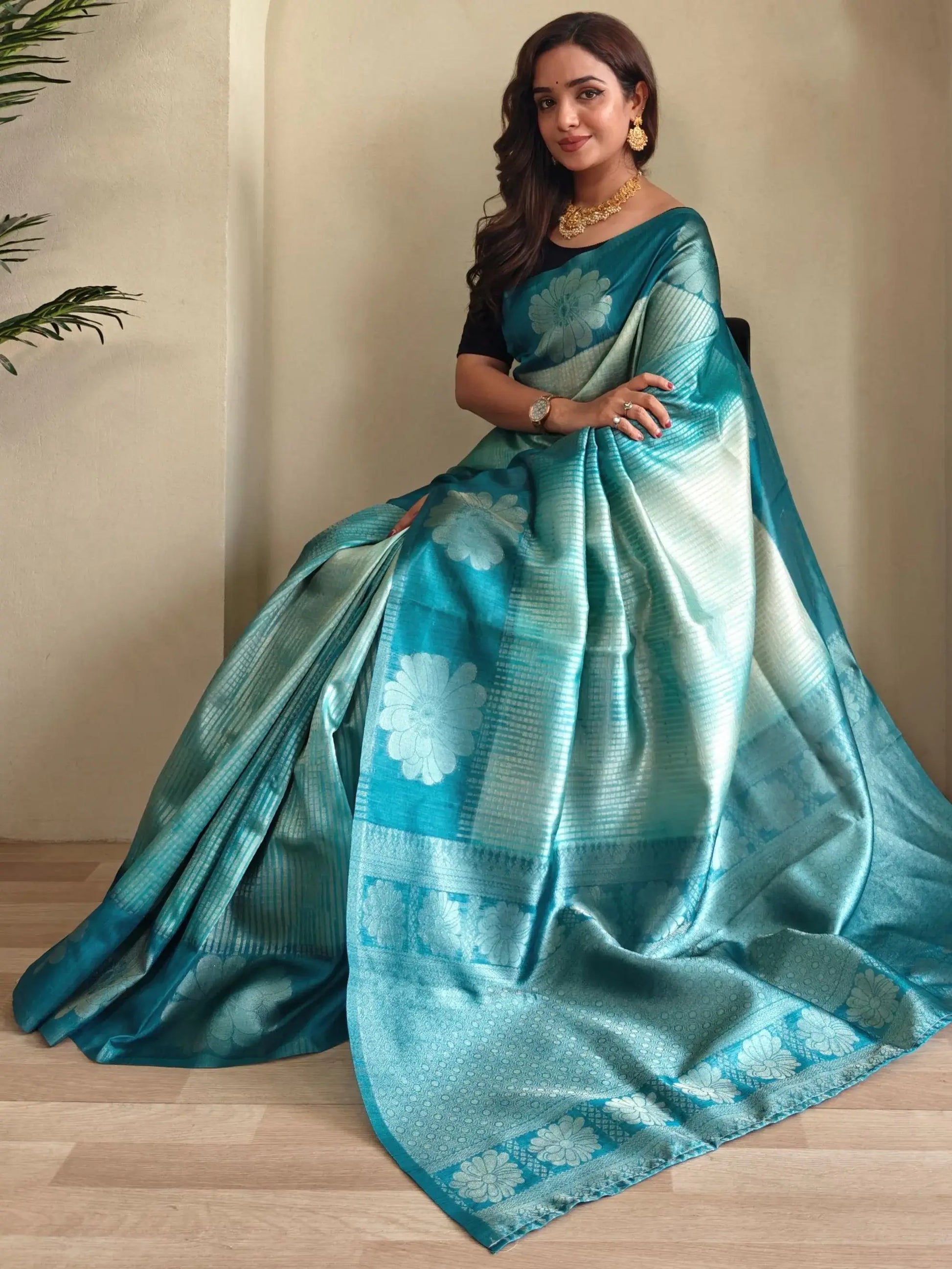 Attractive Sky-Blue Zari Weaving Silk Evening Wear Saree With Blouse - Zeel Clothing