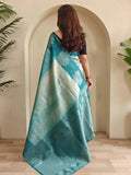 Attractive Sky-Blue Zari Weaving Silk Evening Wear Saree With Blouse - Zeel Clothing