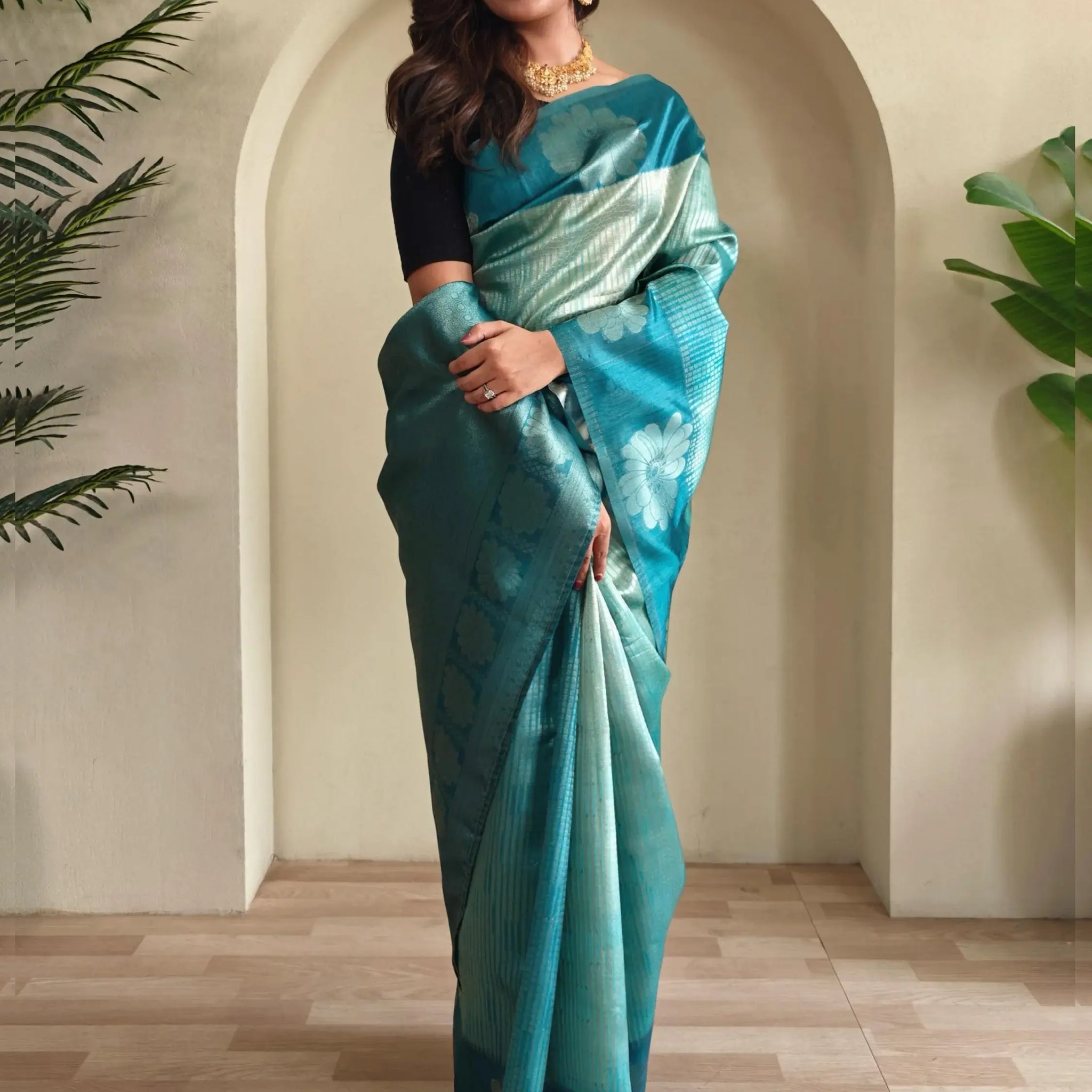 Attractive Sky-Blue Zari Weaving Silk Evening Wear Saree With Blouse - Zeel Clothing