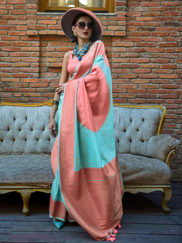 Attractive Sky Blue Zari Weaving Silk Event Wear Saree With Blouse - Zeel Clothing