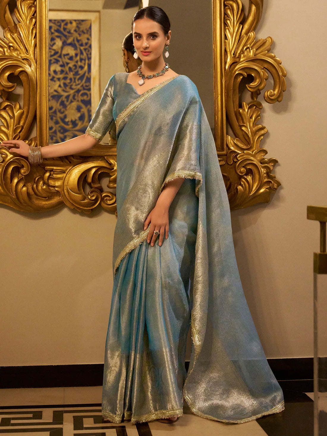 Attractive Sky Blue Zari Weaving Tissue Silk Festival Wear Saree - Zeel Clothing