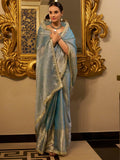 Attractive Sky Blue Zari Weaving Tissue Silk Festival Wear Saree - Zeel Clothing