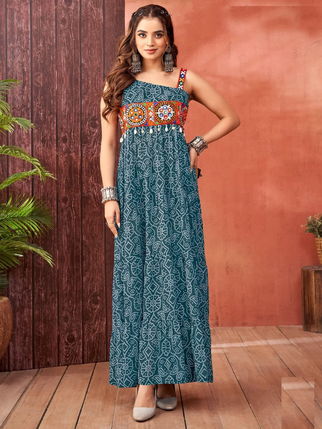 Attractive Teal Blue Bandhani Printed Georgette Navratri Special Gown - Zeel Clothing