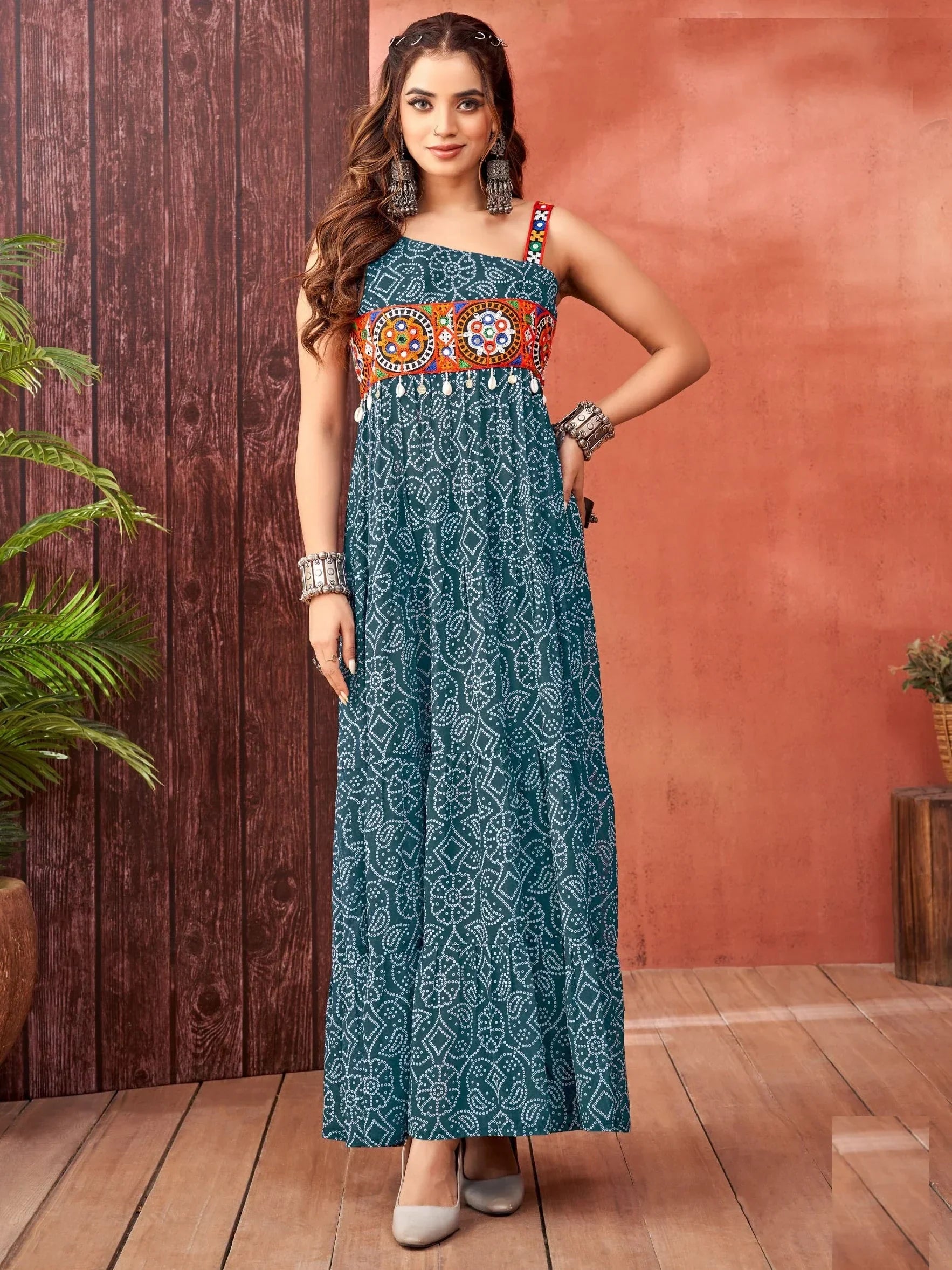 Attractive Teal Blue Bandhani Printed Georgette Navratri Special Gown - Zeel Clothing