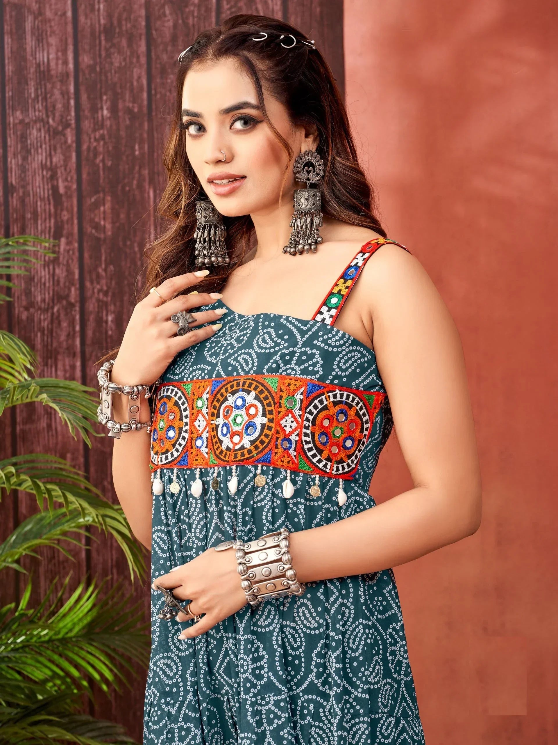 Attractive Teal Blue Bandhani Printed Georgette Navratri Special Gown - Zeel Clothing