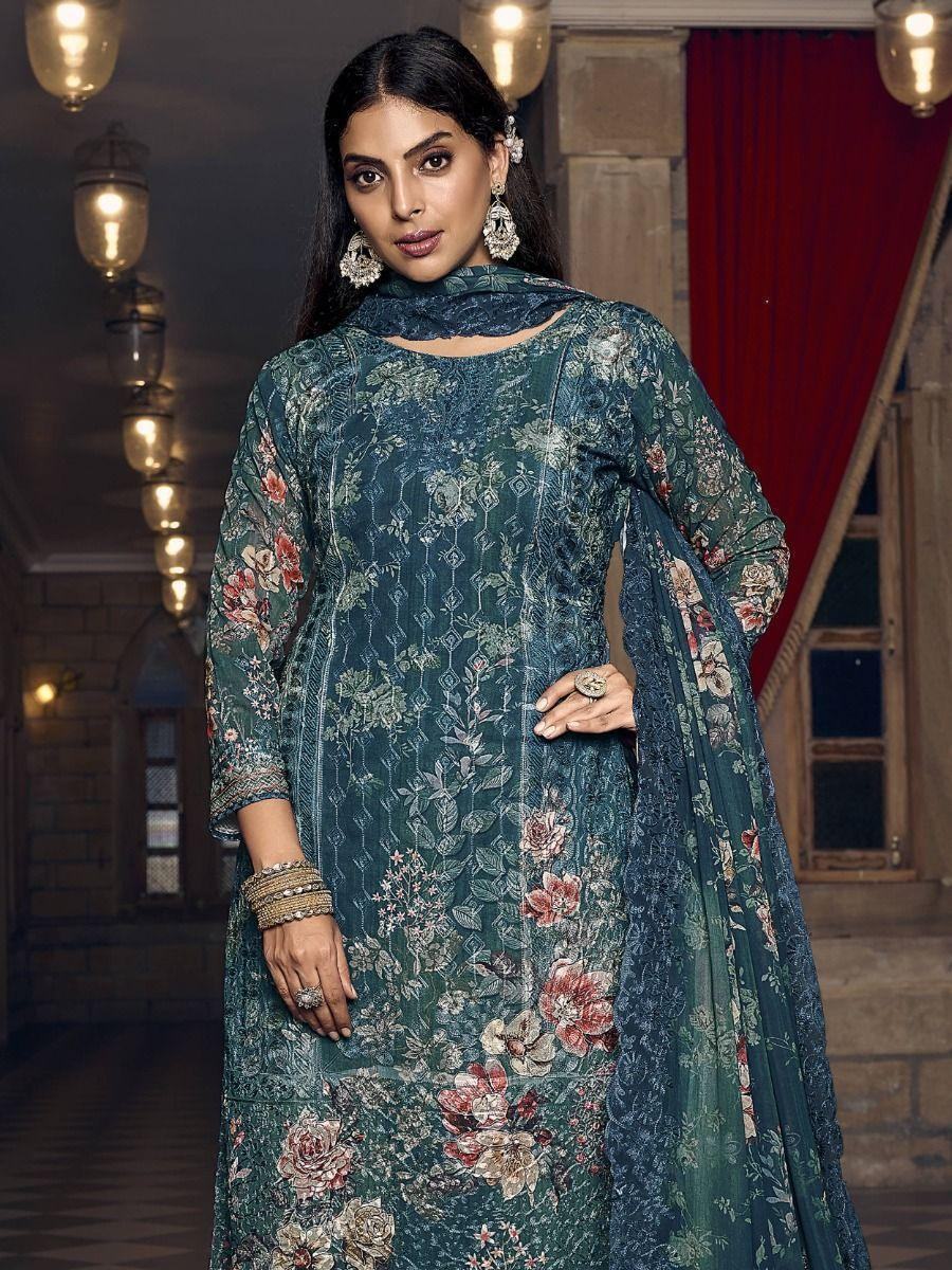 Attractive Teal Blue Digital Printed Georgette Festival Wear Salwar Kameez