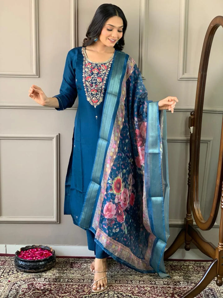Attractive Teal Blue Embroidered Chanderi Silk Event Wear Pant Suit - Zeel Clothing