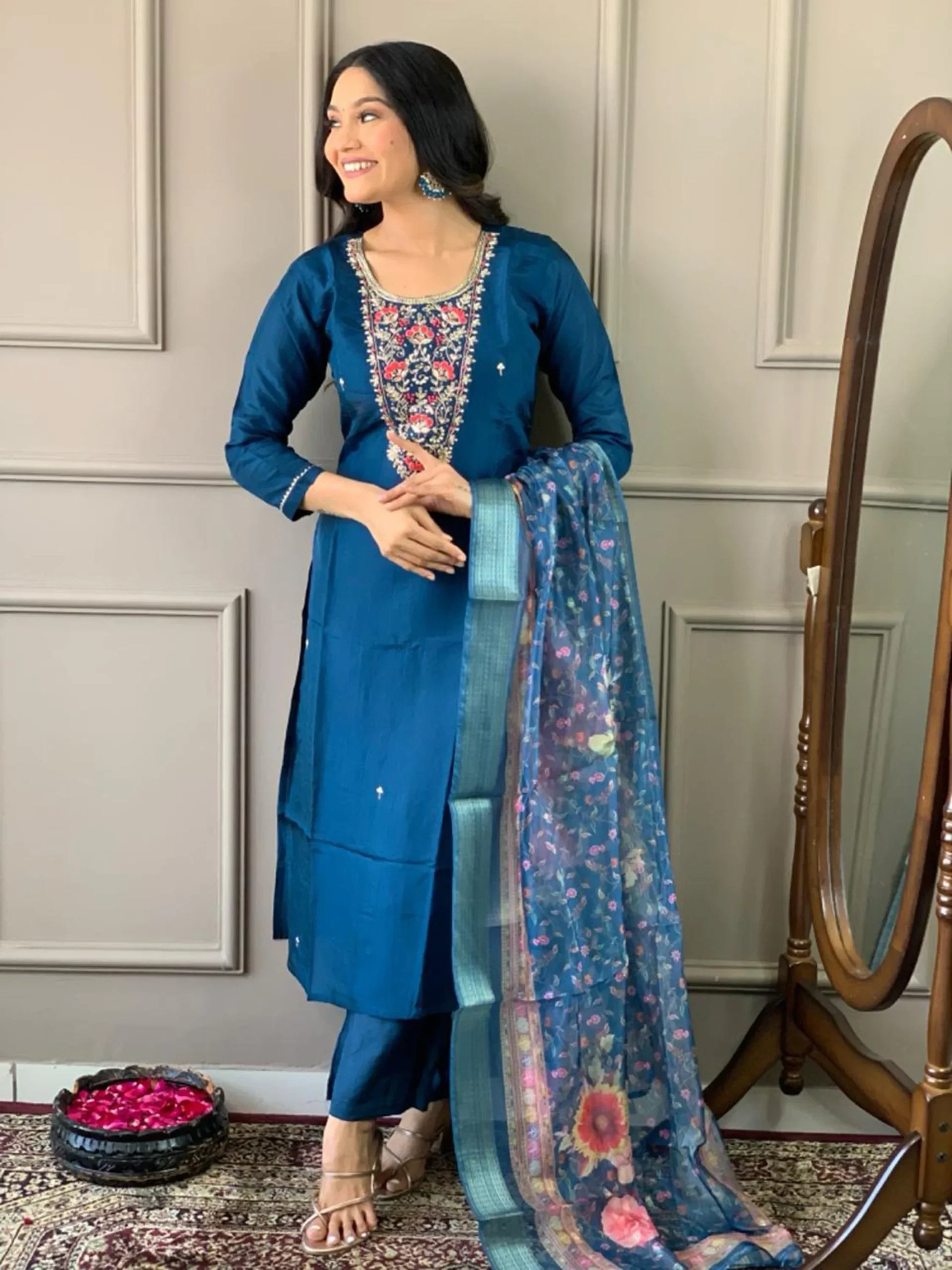 Attractive Teal Blue Embroidered Chanderi Silk Event Wear Pant Suit - Zeel Clothing