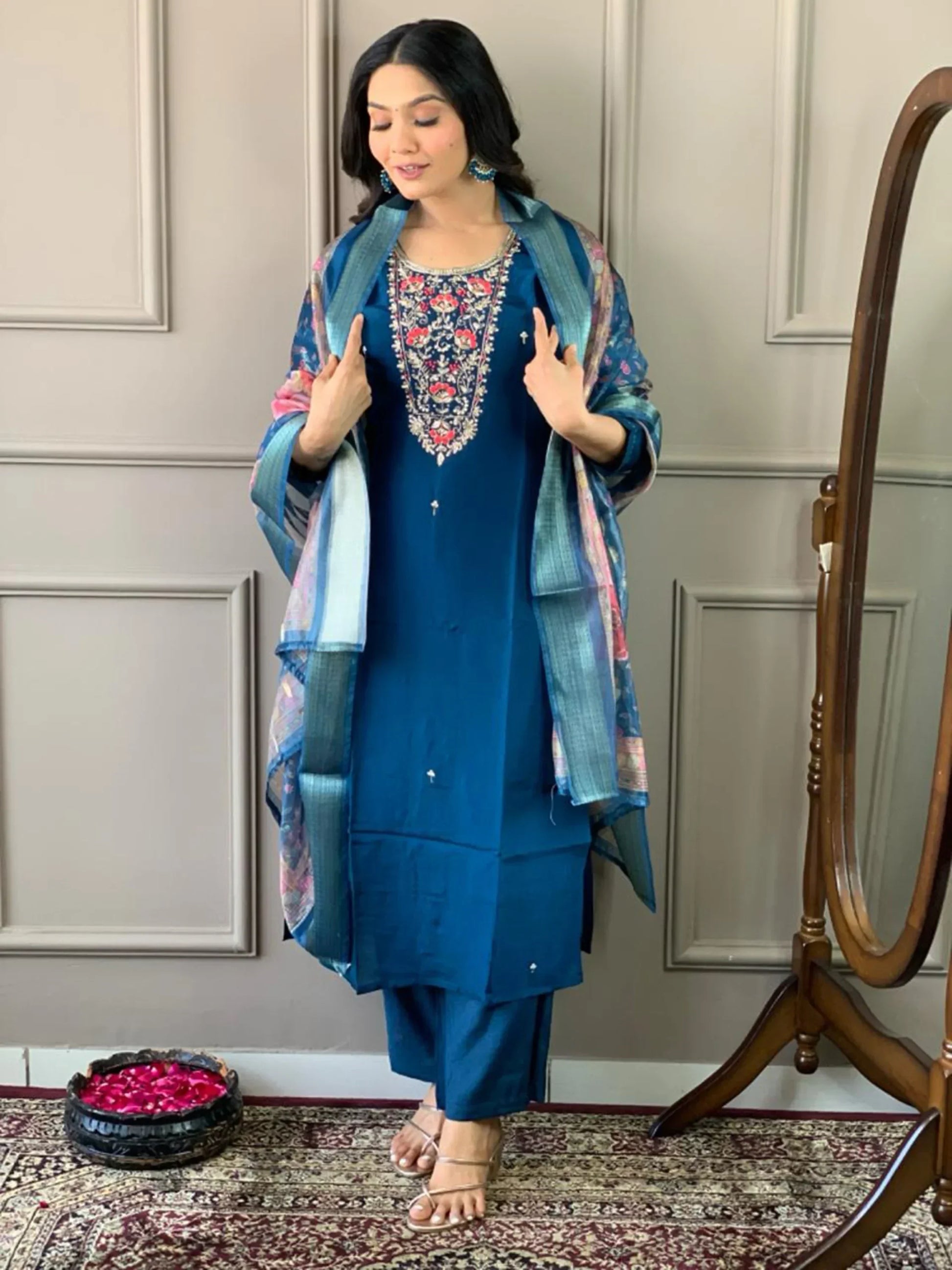 Attractive Teal Blue Embroidered Chanderi Silk Event Wear Pant Suit - Zeel Clothing