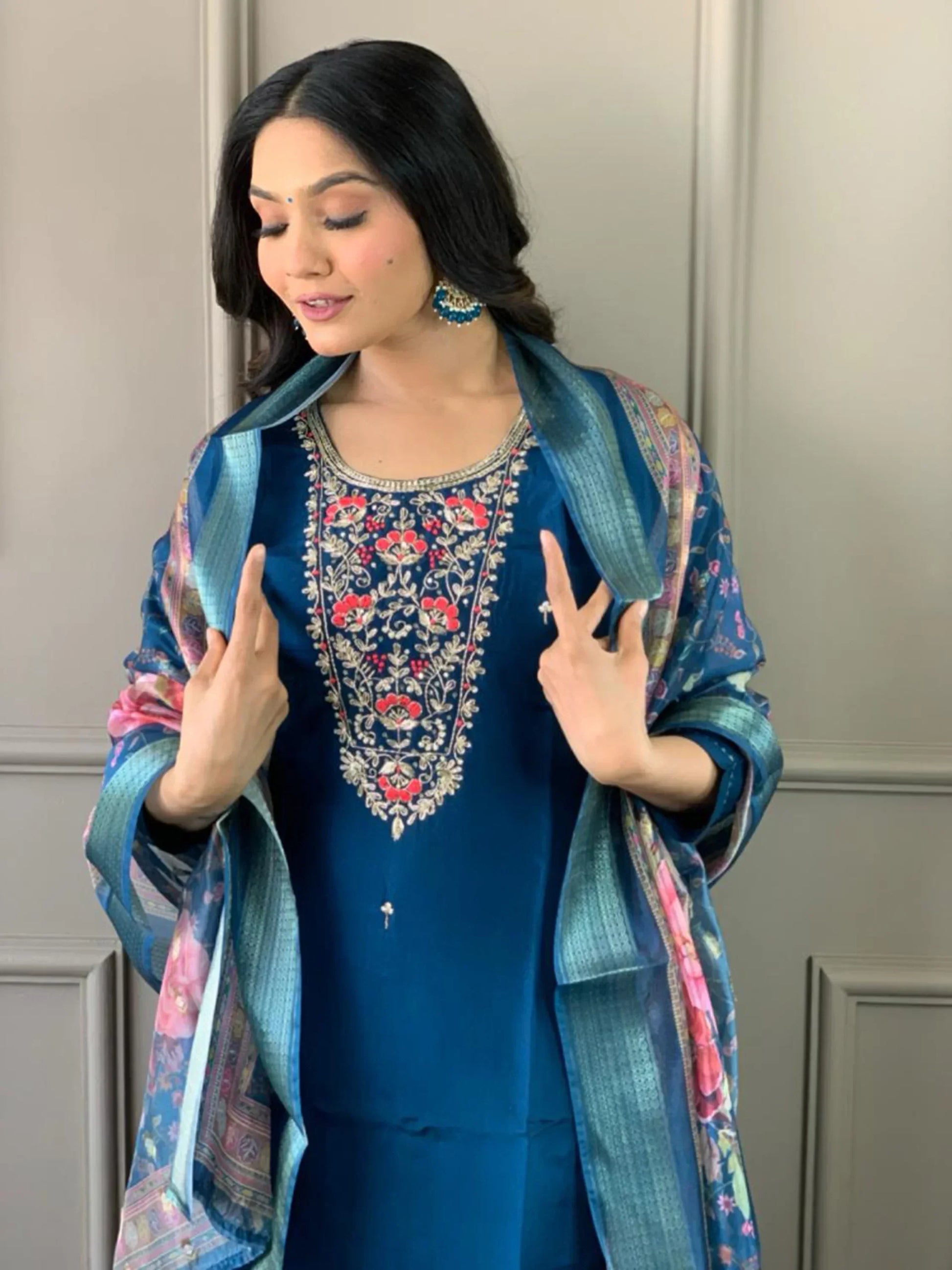 Attractive Teal Blue Embroidered Chanderi Silk Event Wear Pant Suit - Zeel Clothing