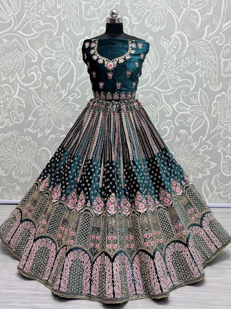 Attractive Teal Blue Embroidery Velvet Reception Wear Lehenga Choli