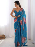 Attractive Teal Blue Floral Printed Georgette Casual Wear Saree - Zeel Clothing