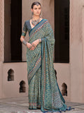 Attractive Teal Blue Printed Silk Function Wear Saree With Blouse - Zeel Clothing