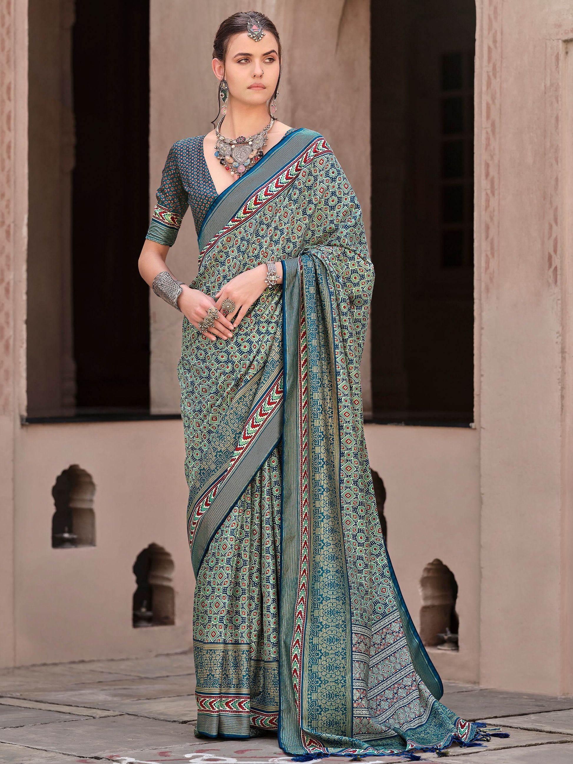 Attractive Teal Blue Printed Silk Function Wear Saree With Blouse - Zeel Clothing