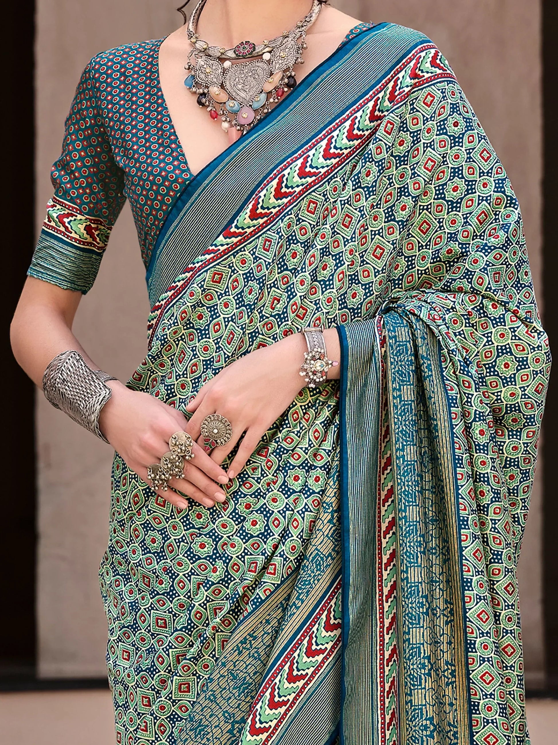 Attractive Teal Blue Printed Silk Function Wear Saree With Blouse - Zeel Clothing
