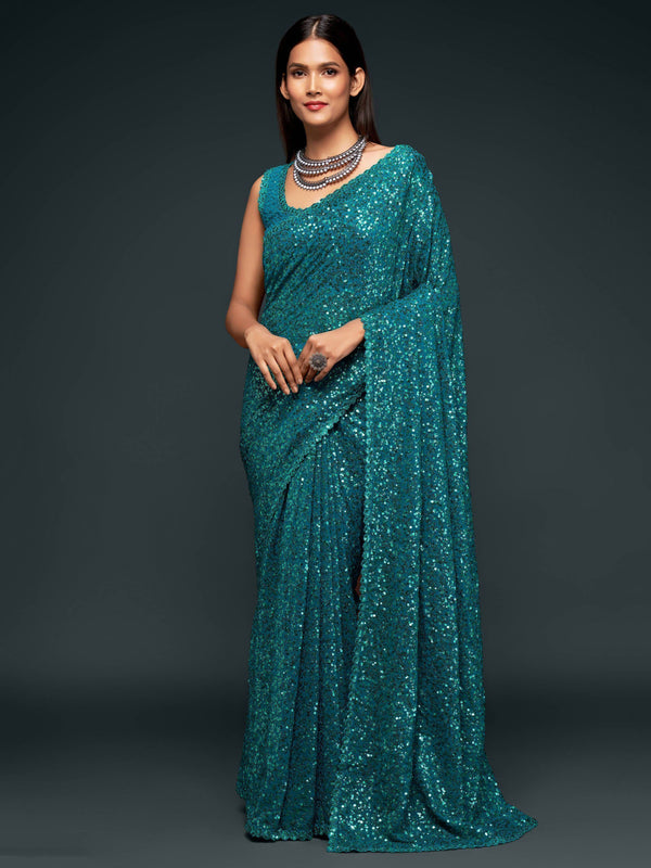 Attractive Teal Blue Sequined Georgette Party Wear Saree - Zeel Clothing
